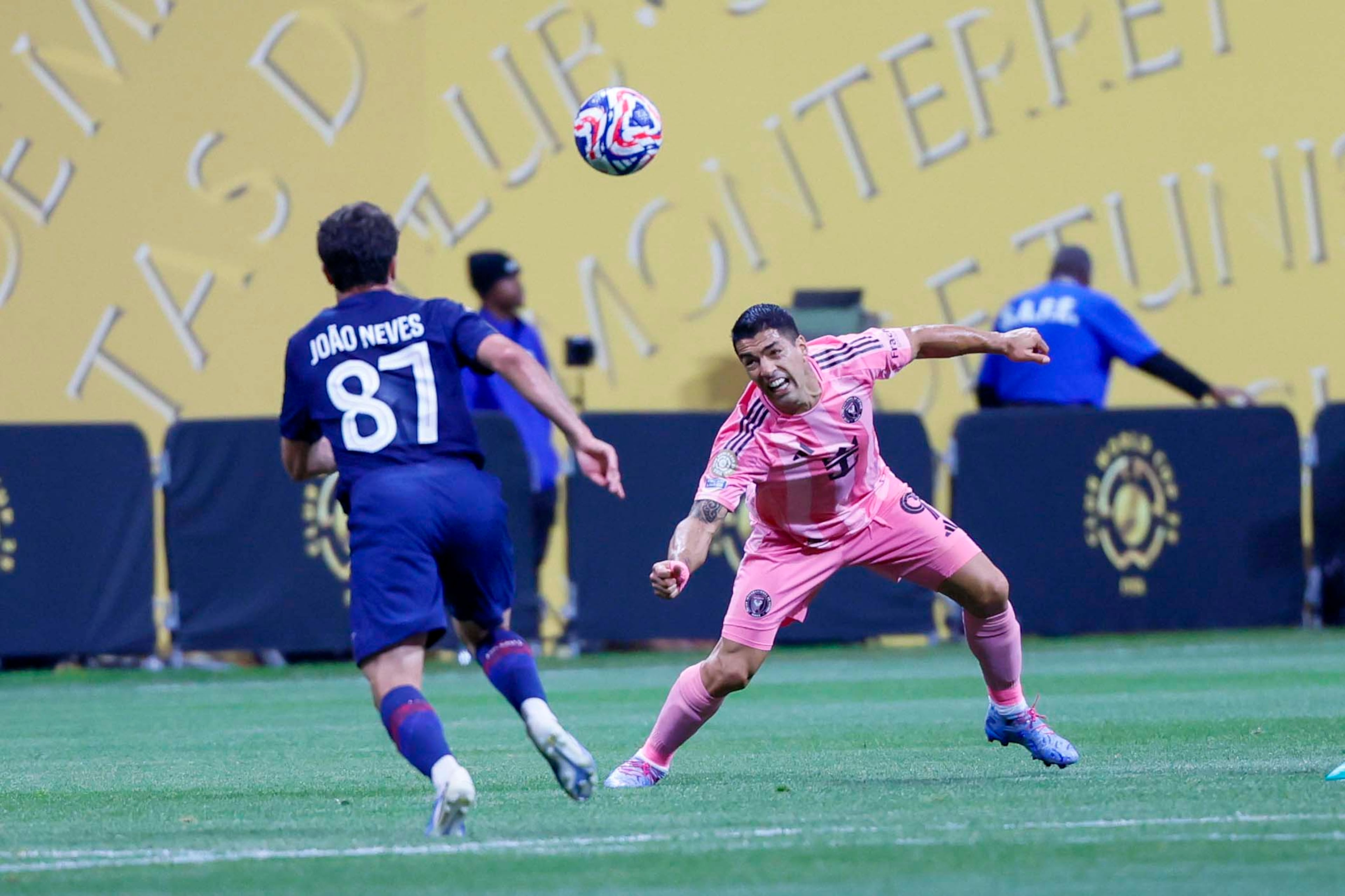 Inter Miami forward Luis Suárez (9) battles for possession against Paris Saint-Germain midfielder João Neves (87) during the Club World Cup round of 16 soccer match between Paris Saint-Germain FC and Inter Miami in Atlanta, Georgia, on Sunday, June 29, 2025.
(Miguel Martinez/ AJC)