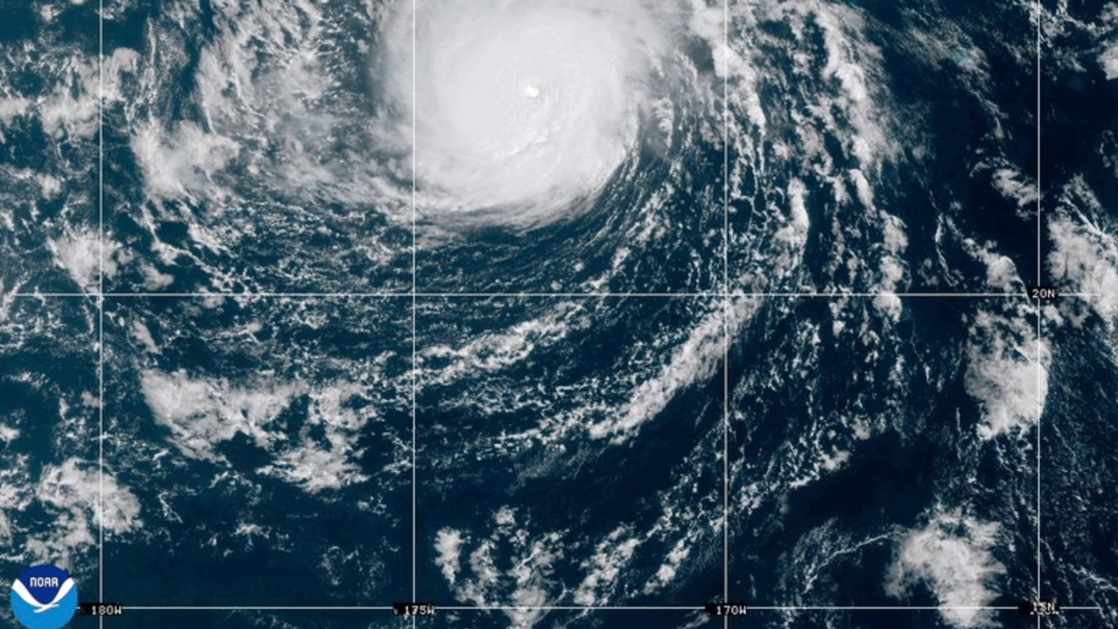 This satellite image from the National Oceanic and Atmospheric Administration shows Hurricane Nolo in the Pacific Ocean, west of Hawaii on Saturday, Oct. 3, 2026. (National Oceanic and Atmospheric Administration via AP)