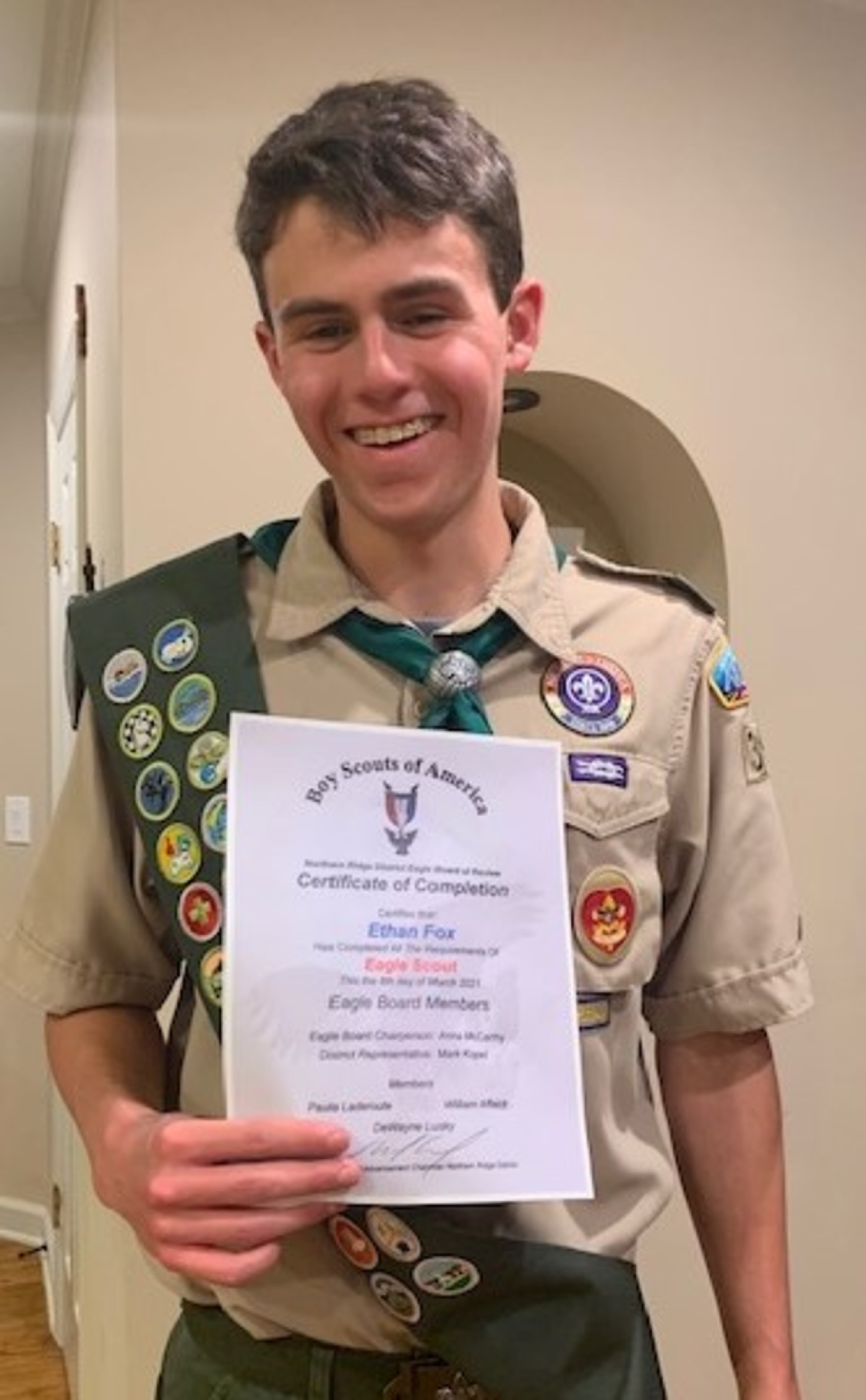 On March 8 Ethan Fox, of Troop 356, sponsored by Fellowship Christian School, whose project was the design and construction of 4 Adirondack chairs and a corn hole set for the East Cobb Presbyterian Church passed the Board of Review to become an Eagle Scout.