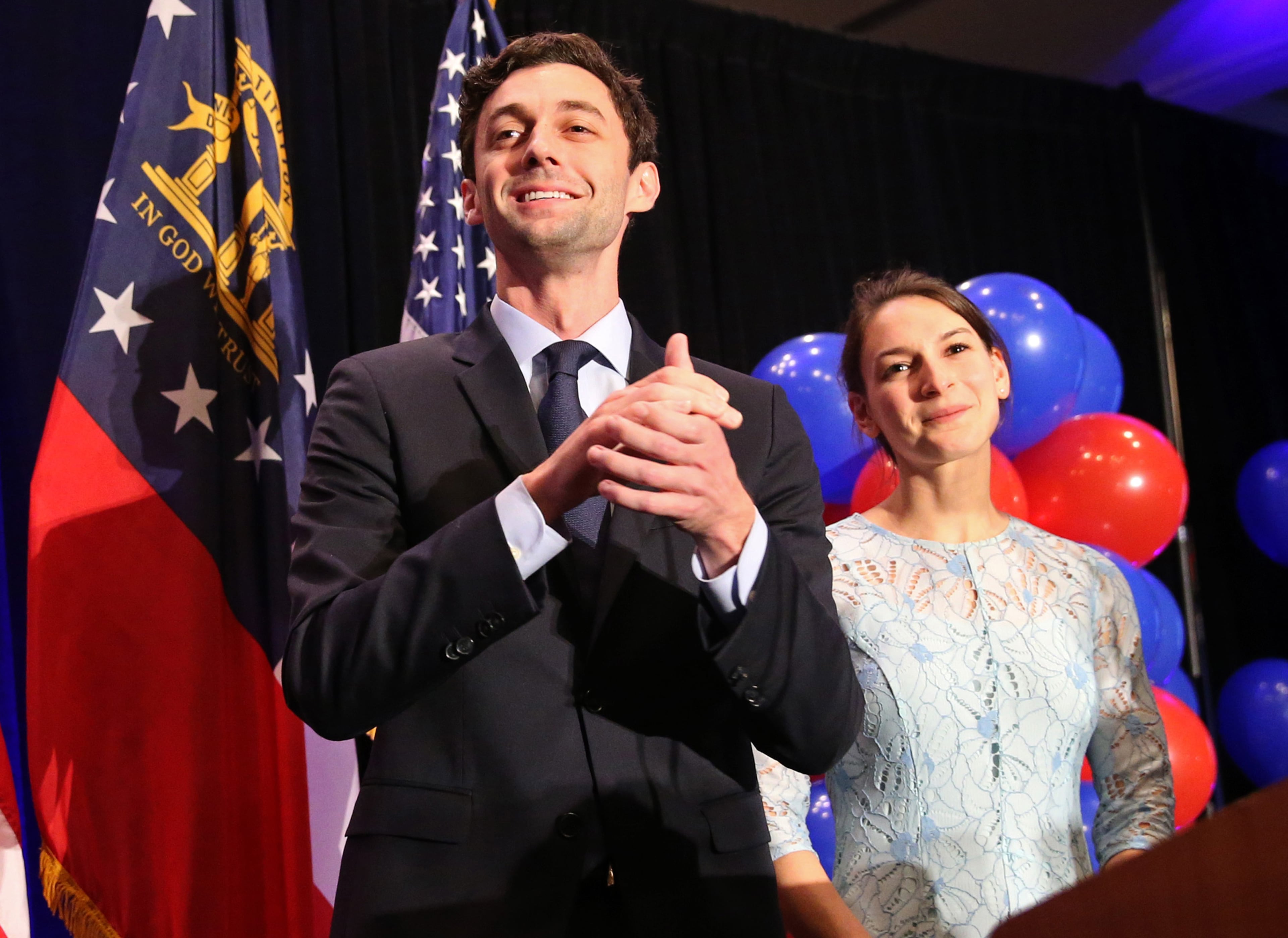 June 20, 2017 - Atlanta, Ga: Sixth district congressional candidate Jon Ossoff with his fiancé Alisha Kramer react to the crowd during the Jon Ossoff election night party at the Westin Atlanta Perimeter Hotel Tuesday, June 20, 2017, in Atlanta. This is the election coverage of the sixth district congressional runoff between Jon Ossoff and Karen Handel. PHOTO / JASON GETZ