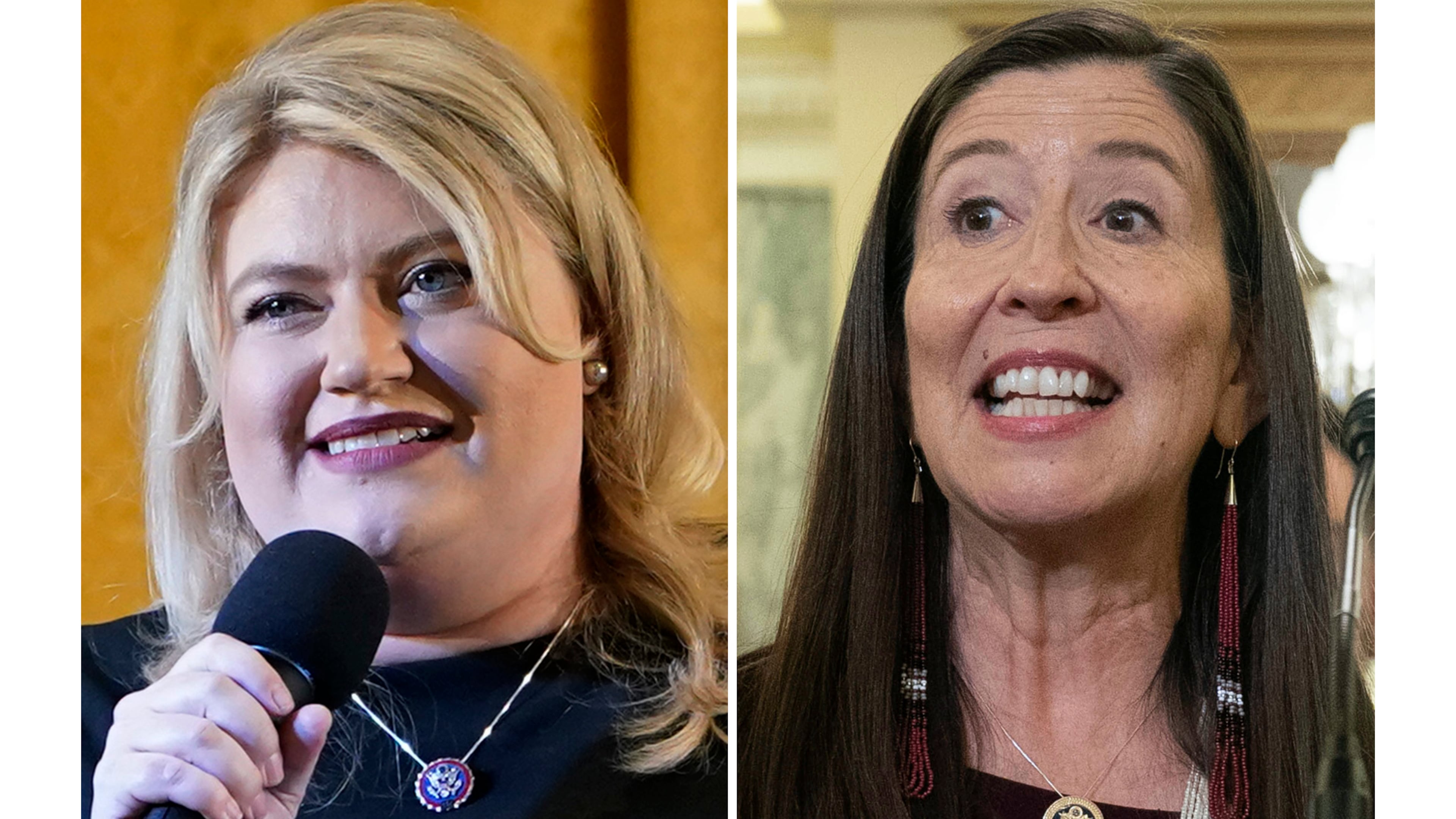 FILE - This photo combination shows Rep. Kat Cammack, R.-Fla., left, April 9, 2021, in Doral, Fla. and Rep. Teresa Leger Fernandez D-N.M., Sept. 24, 2024, in Washington. (AP Photo/Marta Lavandier, Jose Luis Magana, File)