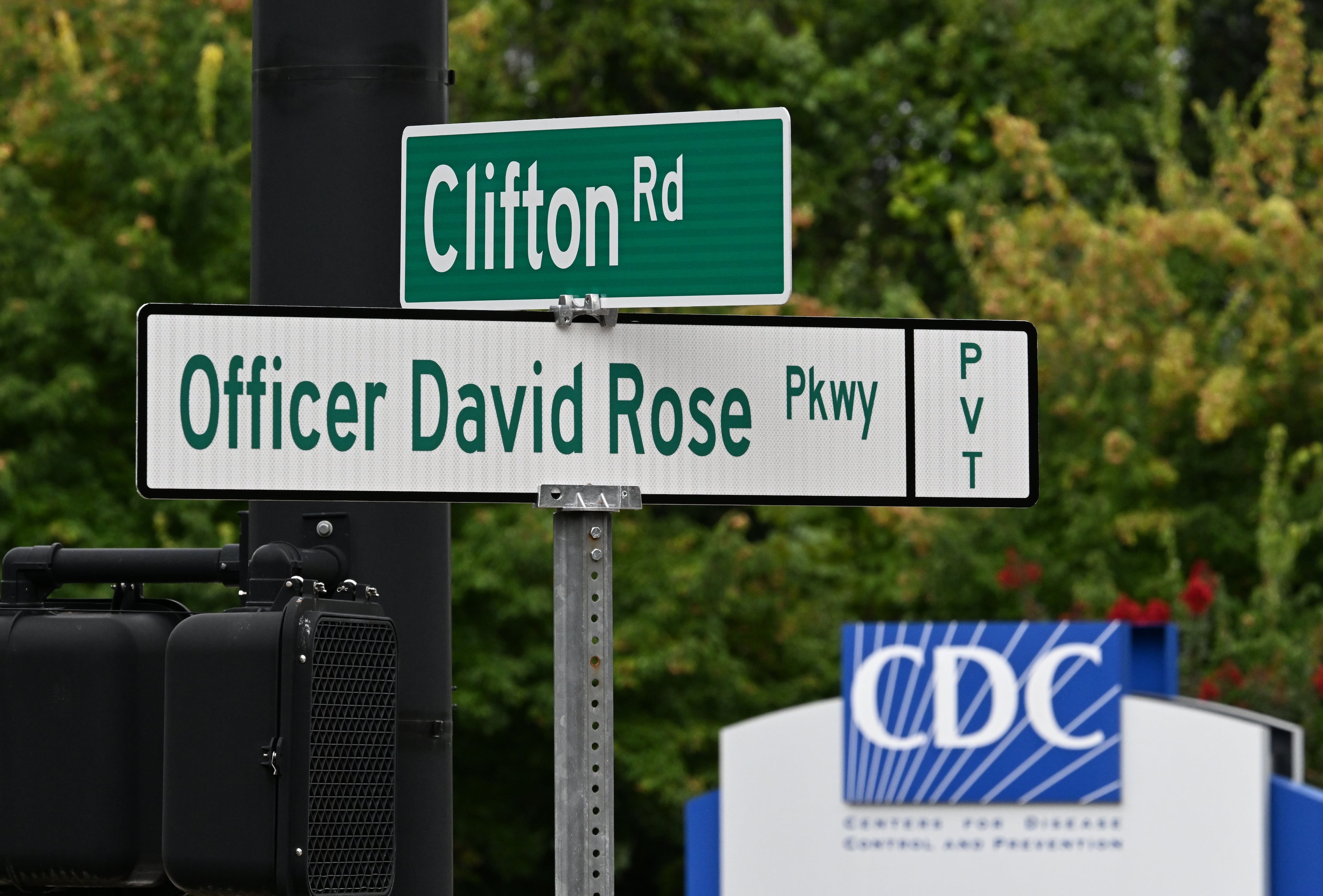 The road into the CDC complex off Clifton Road, formerly CDC Parkway, has been renamed in honor of Officer David Rose. (Hyosub Shin/AJC)