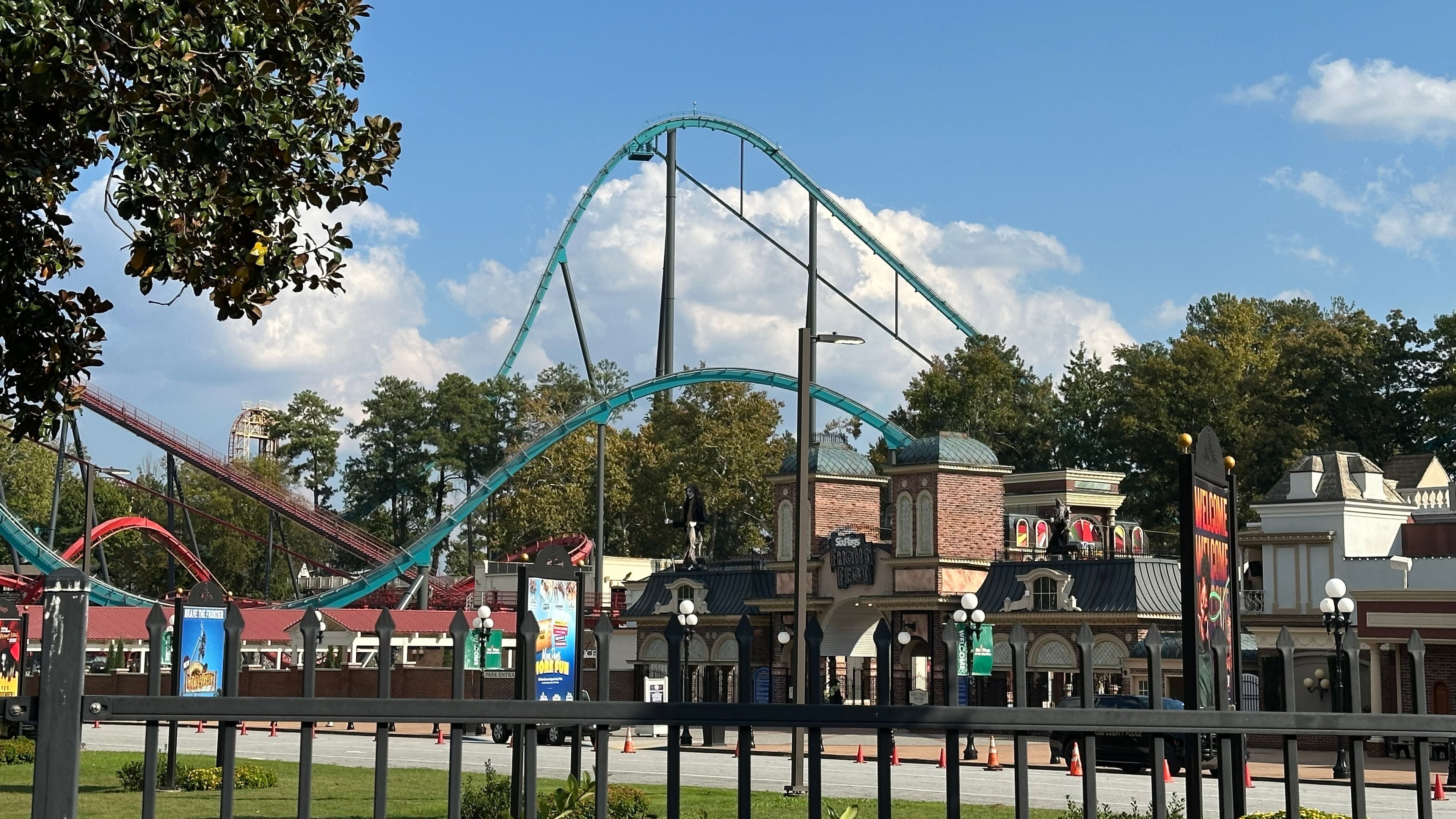 The entrance to the Six Flags Over Georgia amusement park in Mableton, Ga., is seen Friday, Oct. 16, 2026. (AP Photo/Kate Brumback)