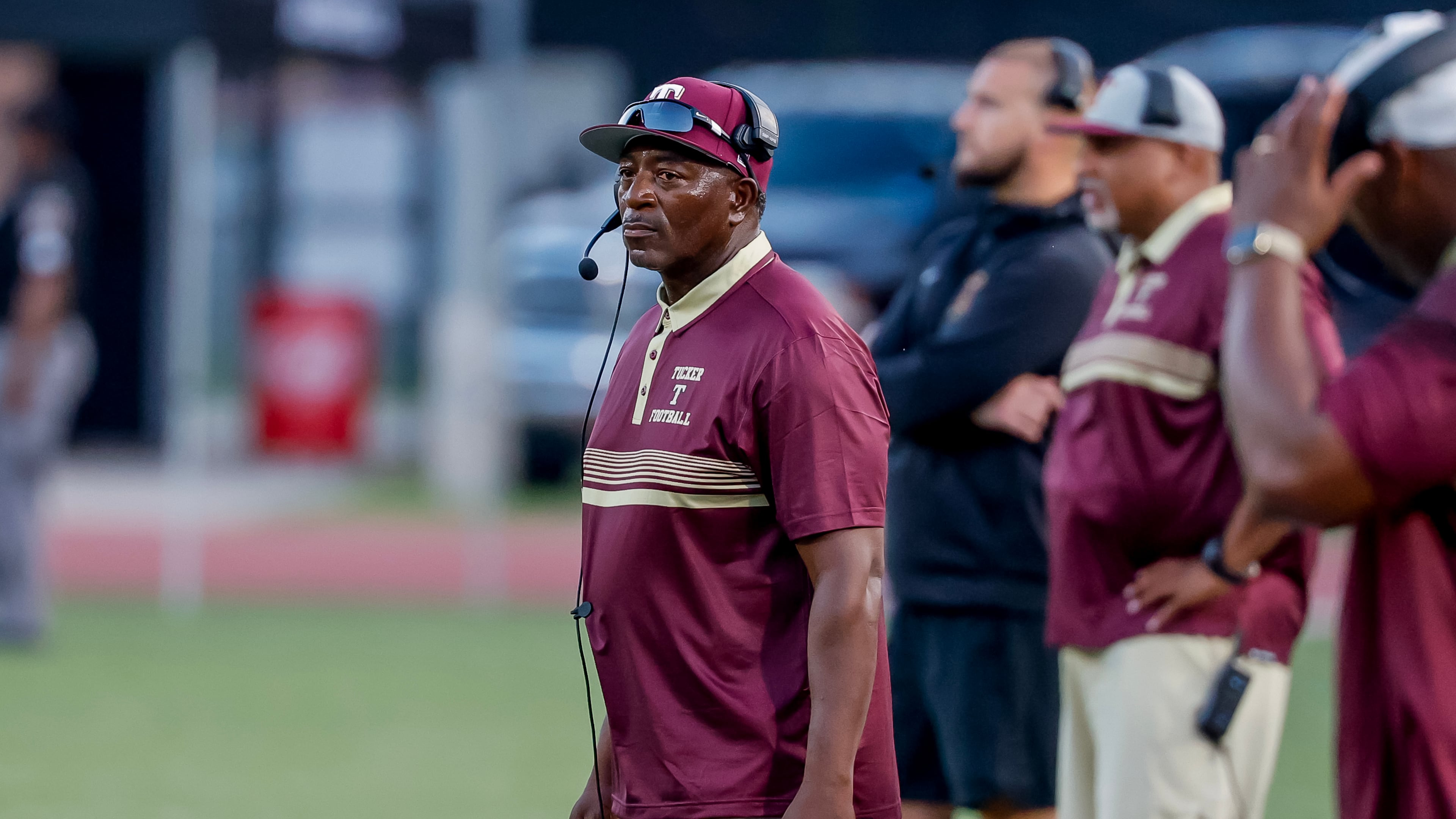 Tucker head coach Lonnie Jones during the first half of a high school football game between Tucker and Stephenson at Hallford Stadium, Friday, Sept. 4, 2026, in Clarkston, Ga. (Erik S. Lesser for the AJC)