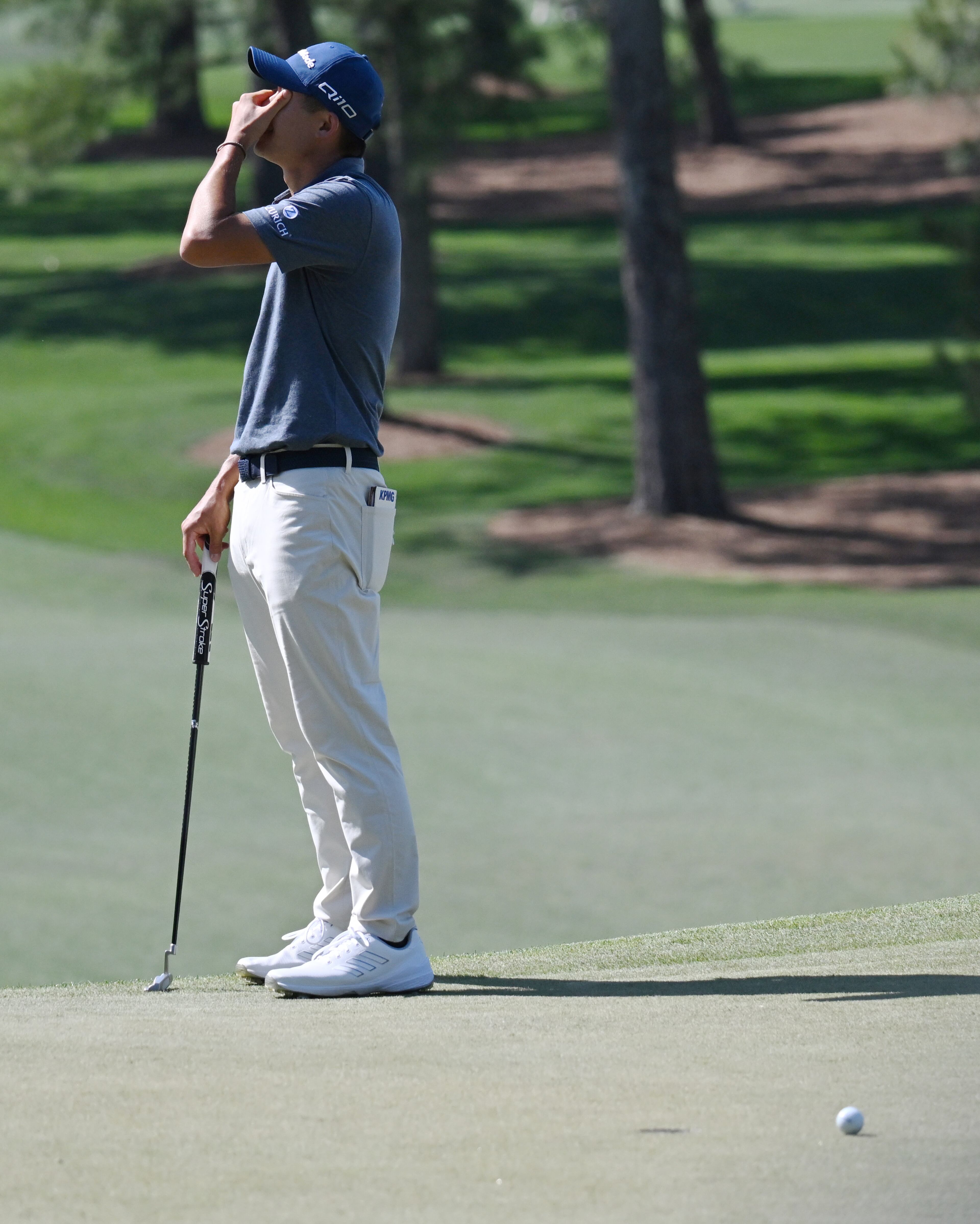 Collin Morikawa reacts to missed putt on seventh hole during the final round of the 2024 Masters Tournament at Augusta National Golf Club, Sunday, April 14, 2024, in Augusta, Ga. (Hyosub Shin / Hyosub.Shin@ajc.com)