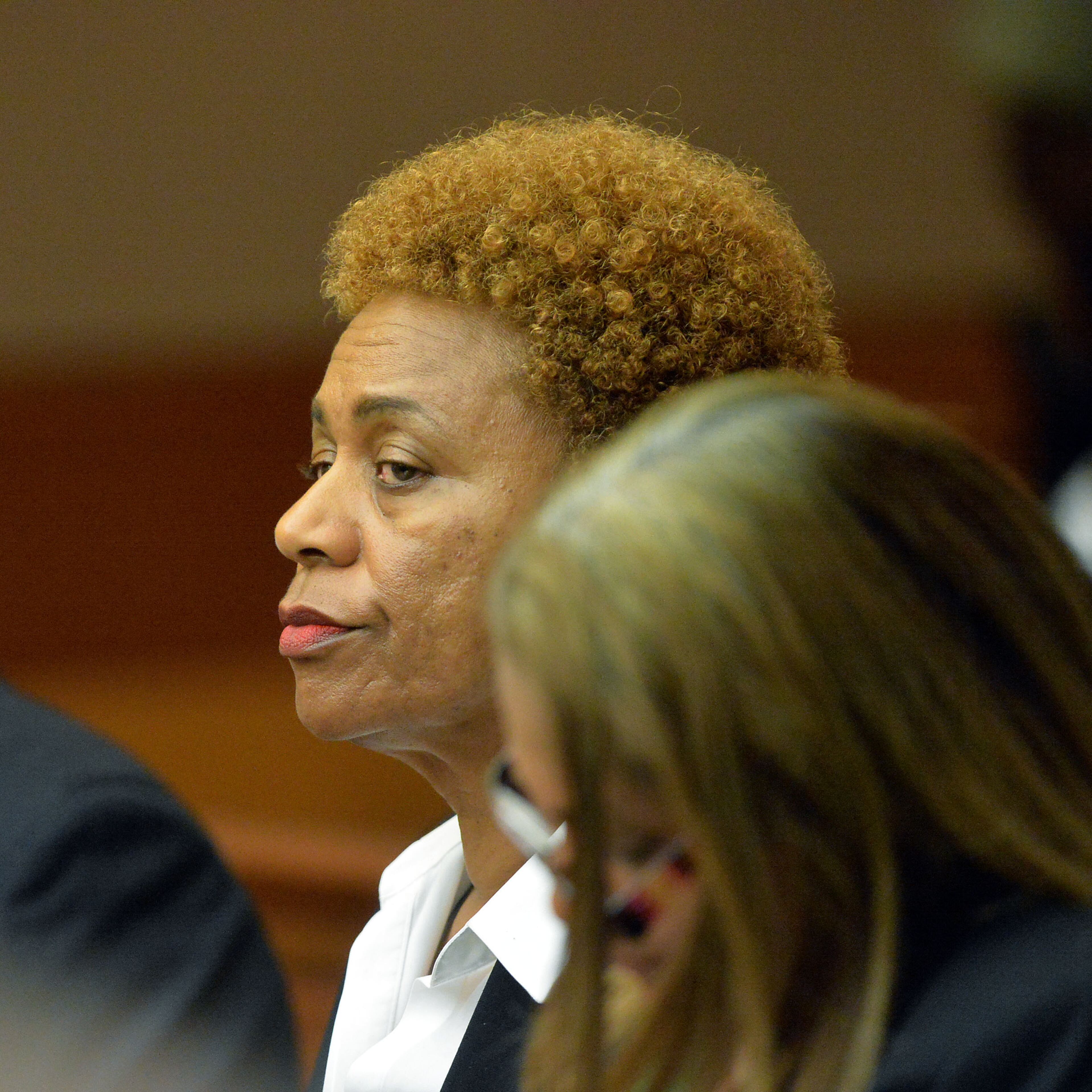 Former APS SRT Director Sharon Davis Williams listens during sentencing Tuesday. Sentencing continues for 10 of the 11 defendants convicted of racketeering and other charges in the Atlanta Public Schools test-cheating trial before Judge Jerry Baxter in Fulton County Superior Court, Tuesday, April 14, 2015. (Atlanta Journal-Constitution, Kent D. Johnson, Pool)