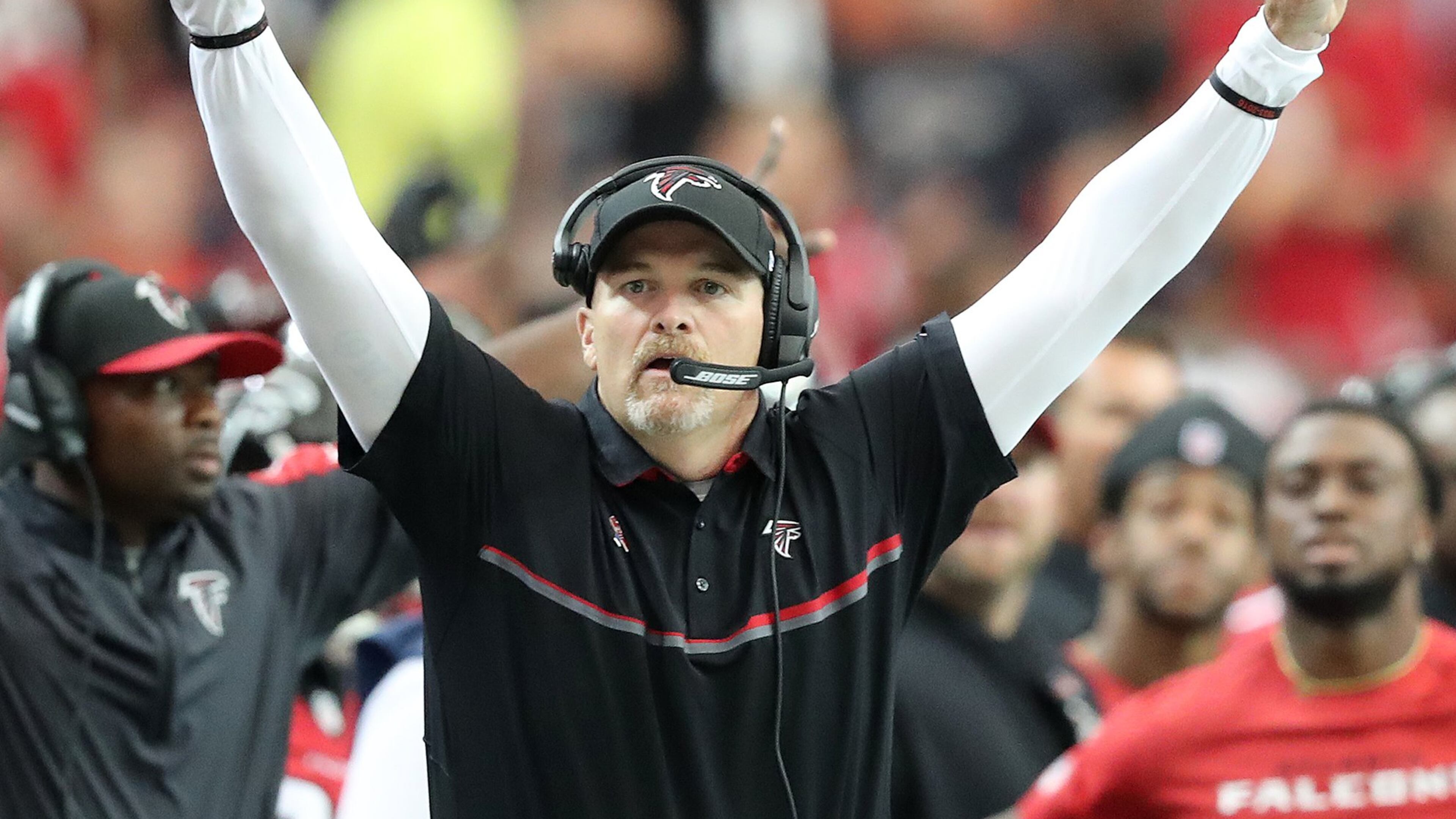 September 11, 2016 ATLANTA: Falcons head coach Dan Quinn reacts to a defensive play against the Buccaneers during the first quarter in an NFL football game on Sunday, Sept. 11, 2016, in Atlanta. Curtis Compton /ccompton@ajc.com