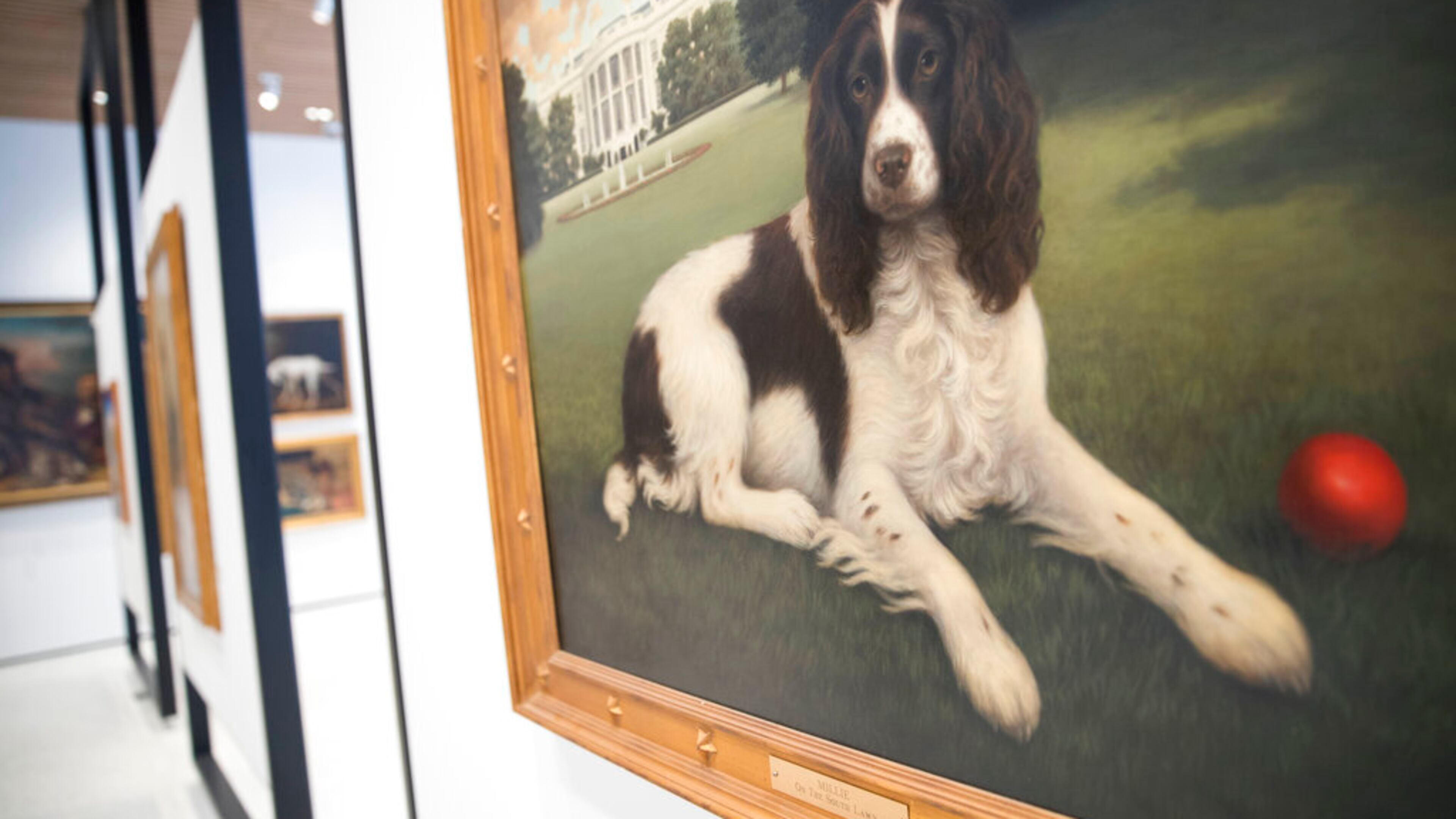 This Wednesday, Jan. 9, 2019, photo shows "Millie on the South Lawn" by Christine Merrill, on display at the American Kennel Club Museum of the Dog in New York. (AP Photo/Mary Altaffer)