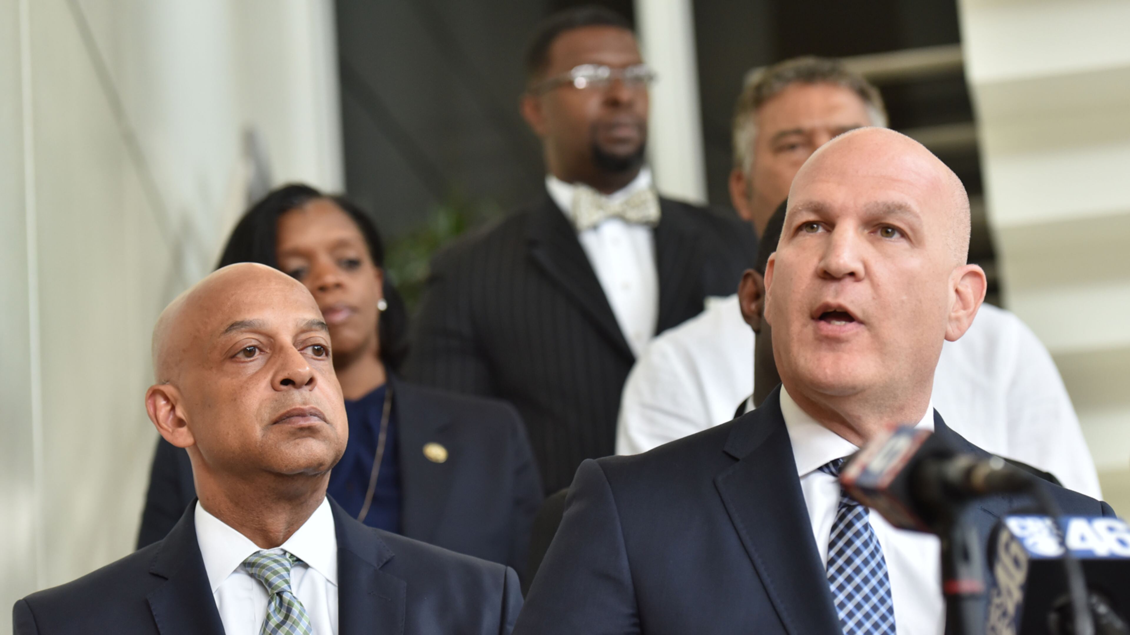 May 12, 2017 Decatur - DeKalb County Sheriff Jeffrey Mann (left) stands next to his attorney Noah Pines as he speaks for Sheriff Jeffrey Mann during a press conference at DeKalb County Sheriff Office on Friday, May 12, 2017. DeKalb County Sheriff Jeffrey Mann, speaking through his lawyer, apologized to his constituents on Friday and said he plans to continue serve in his job. HYOSUB SHIN / HSHIN@AJC.COM