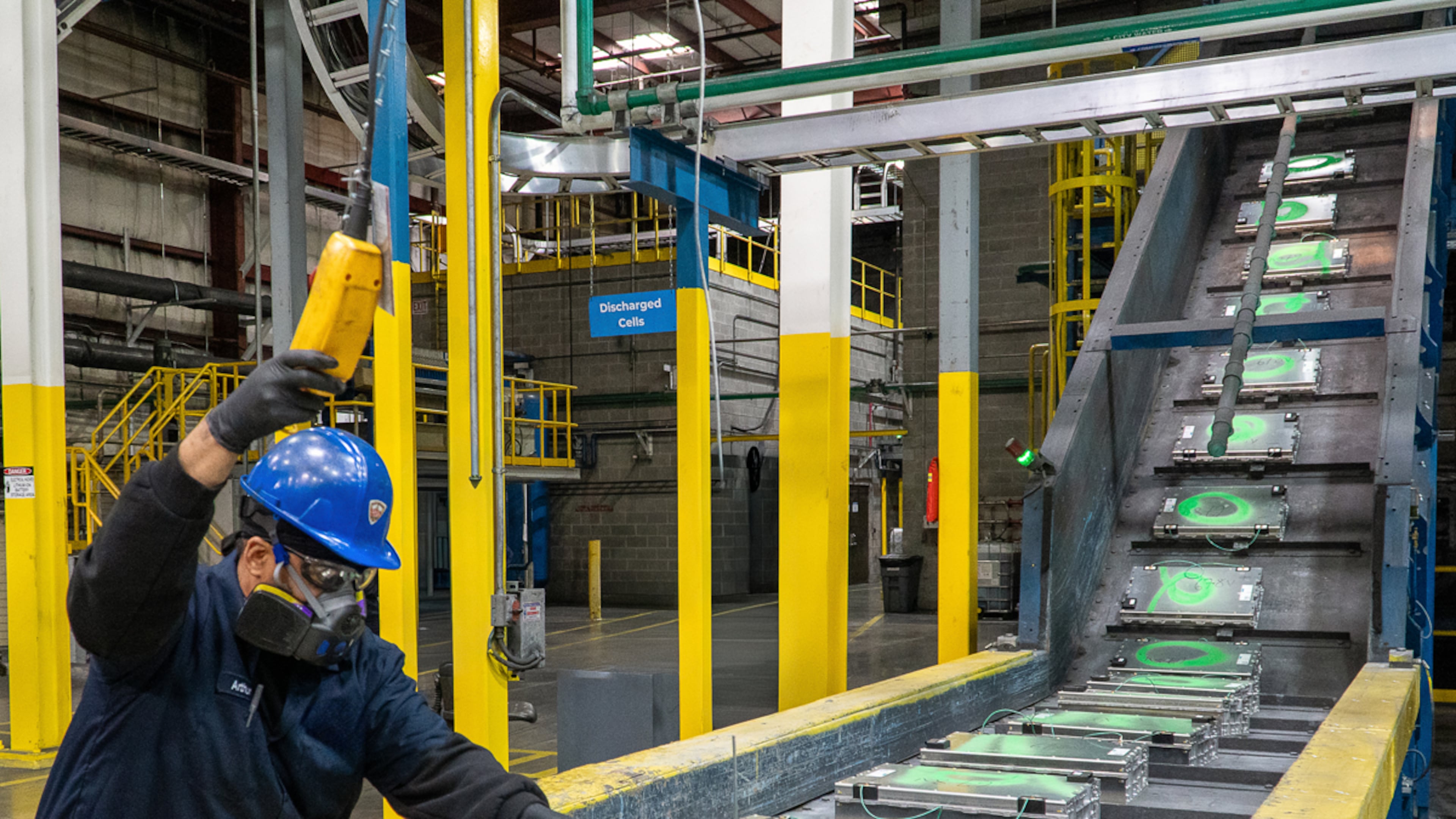 A worker is shown in the R3 Lithium factory in Covington, Ga. in November 2025. The company is ramping up to produce lithium carbonate from used lithium ion batteries and manufacturing scrap.