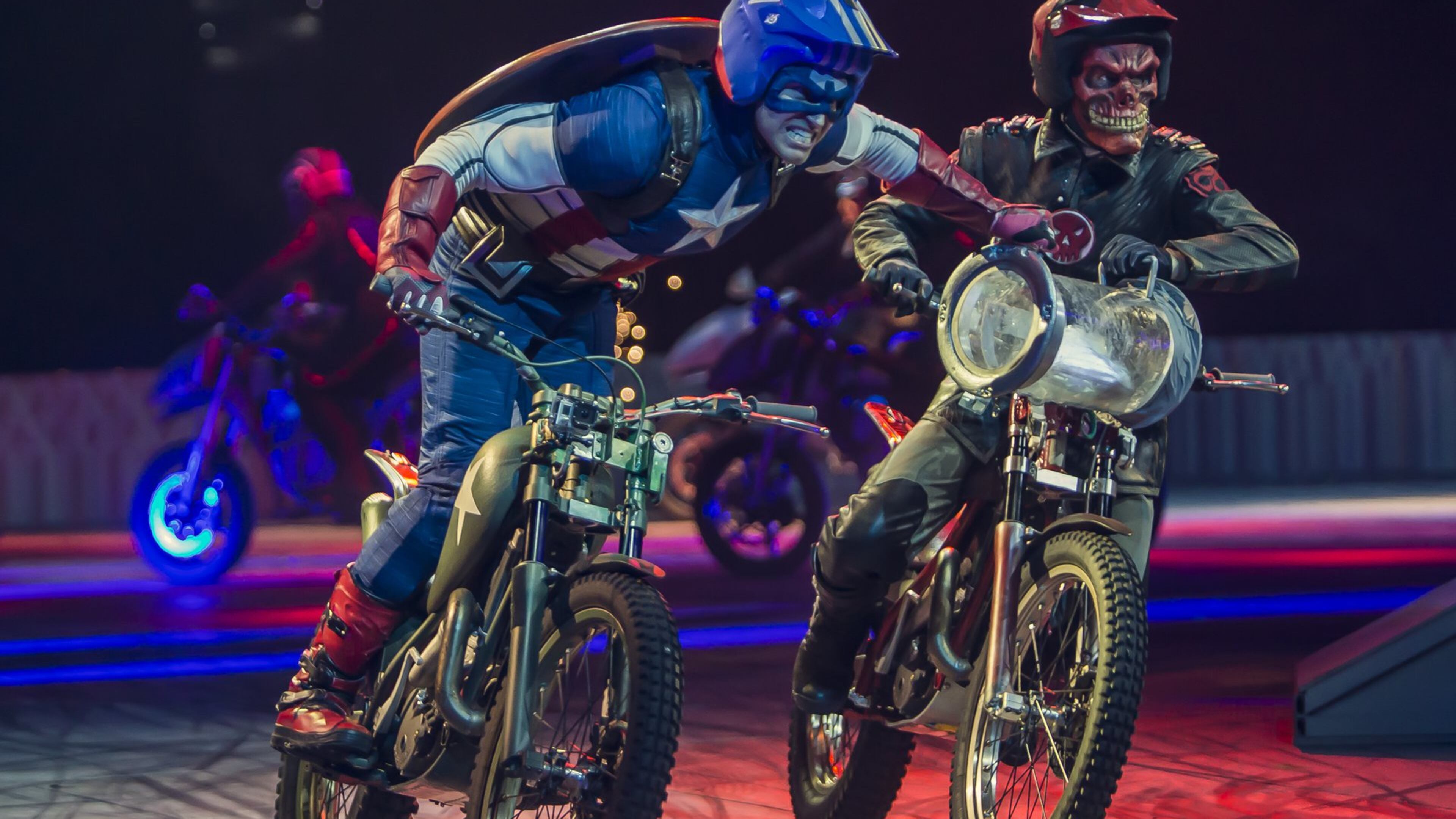 Captain America and Red Skull rumble on motorcycles in the new arena show “Marvel Universe Live.” The show is coming to Philips Arena (Dec. 20-22) and Gwinnett Arena (Dec. 26-28). CONTRIBUTED BY FELD ENTERTAINMENT