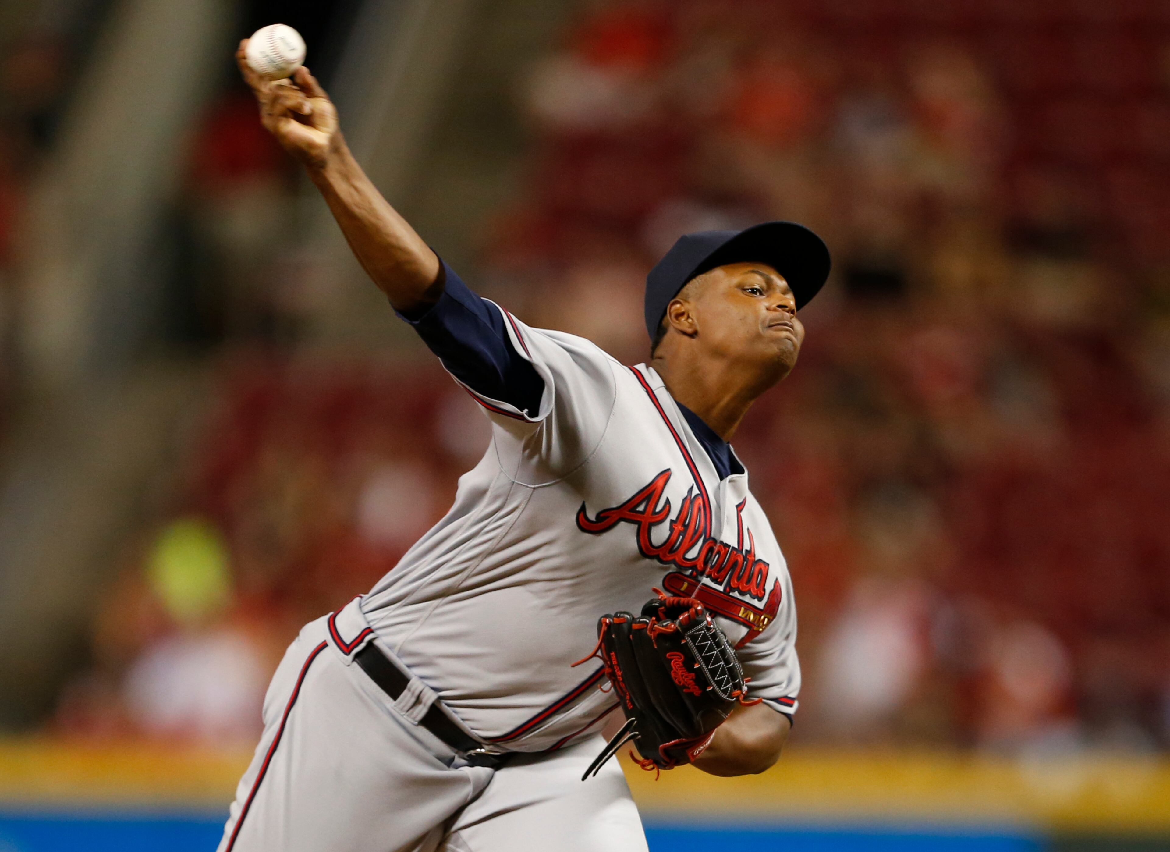 Atlanta Braves relief pitcher Mauricio Cabrera throws against the Cincinnati Reds during the tenth inning of a baseball game, Tuesday, July 19, 2016, in Cincinnati. (AP Photo/Gary Landers)