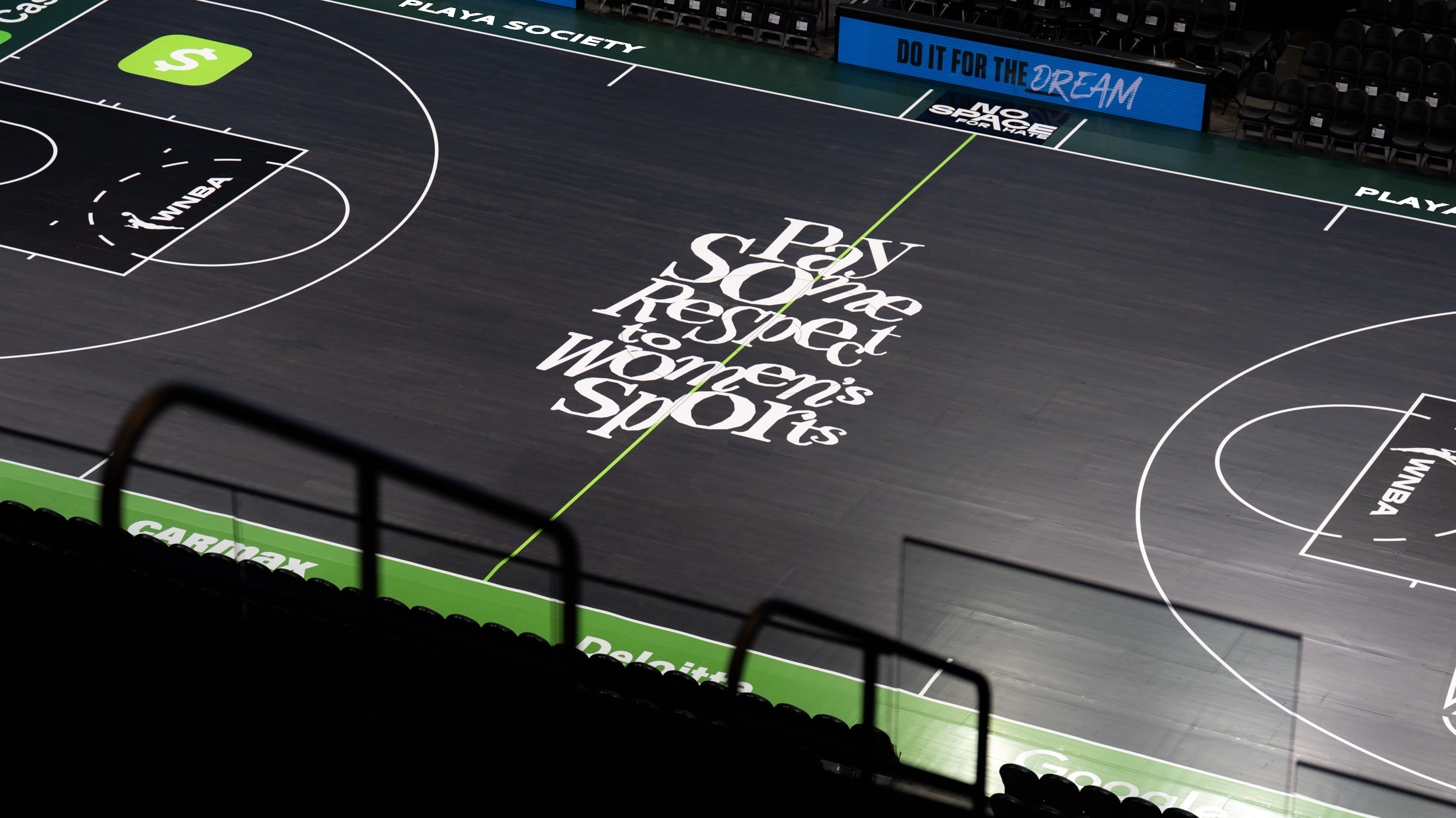 The Dream and Cash App partnered with streetwear brand Playa Society to conceptualize and design the first-of-its-kind WNBA statement court, which will have the phrase “Pay Some Respect to Women’s Sports” across center court for the Dream’s home opener at State Farm Arena on May 22, 2025. (Photo courtesy of Atlanta Dream)