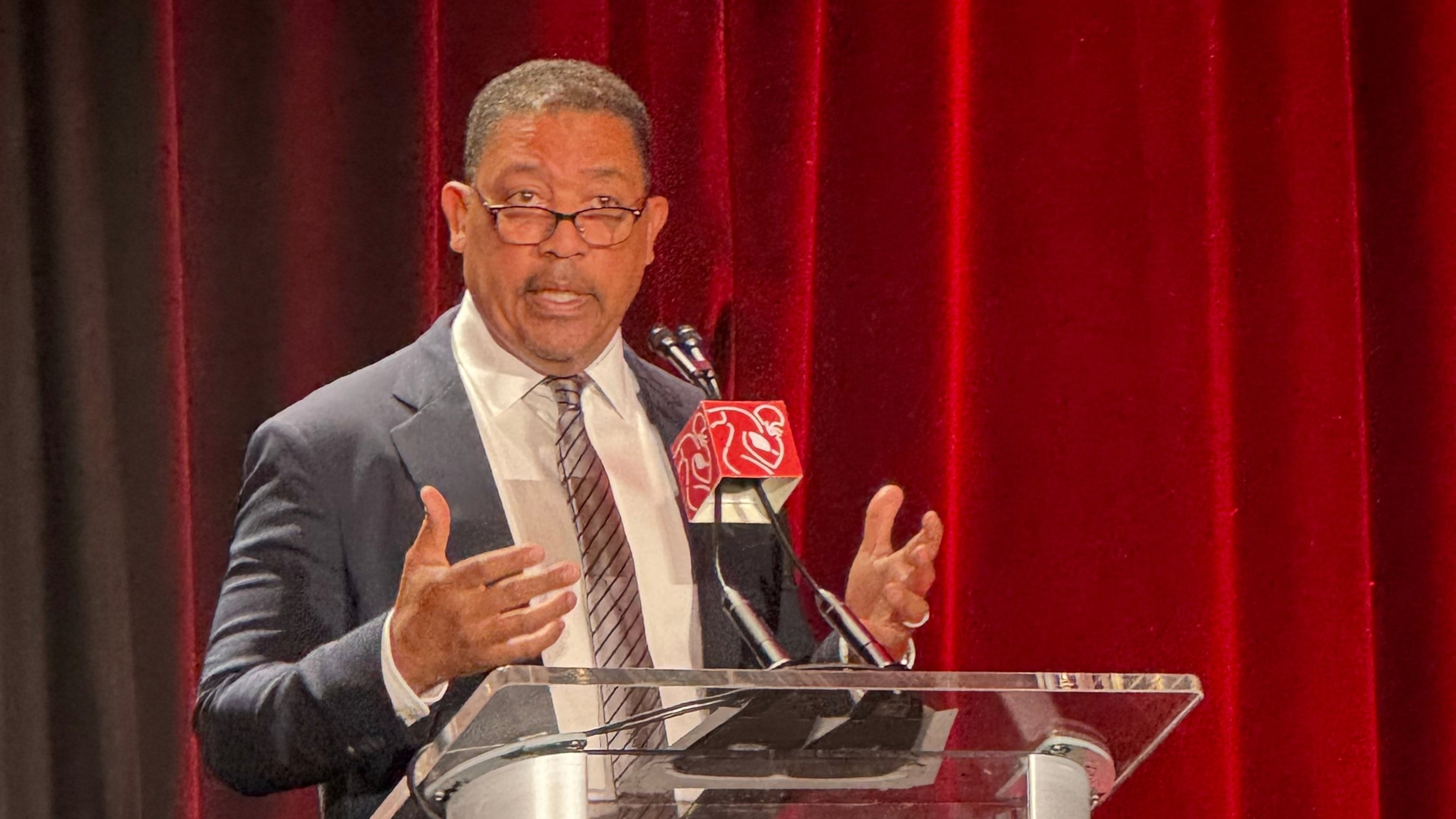 NFL Players Association interim executive director David White speaks at the union’s annual news conference, Tuesday, Feb. 3, 2026, in San Francisco, ahead of the Super Bowl 60 NFL football game between the New England Patriots and the Seattle Seahawks. (AP Photo/Rob Maaddi)
