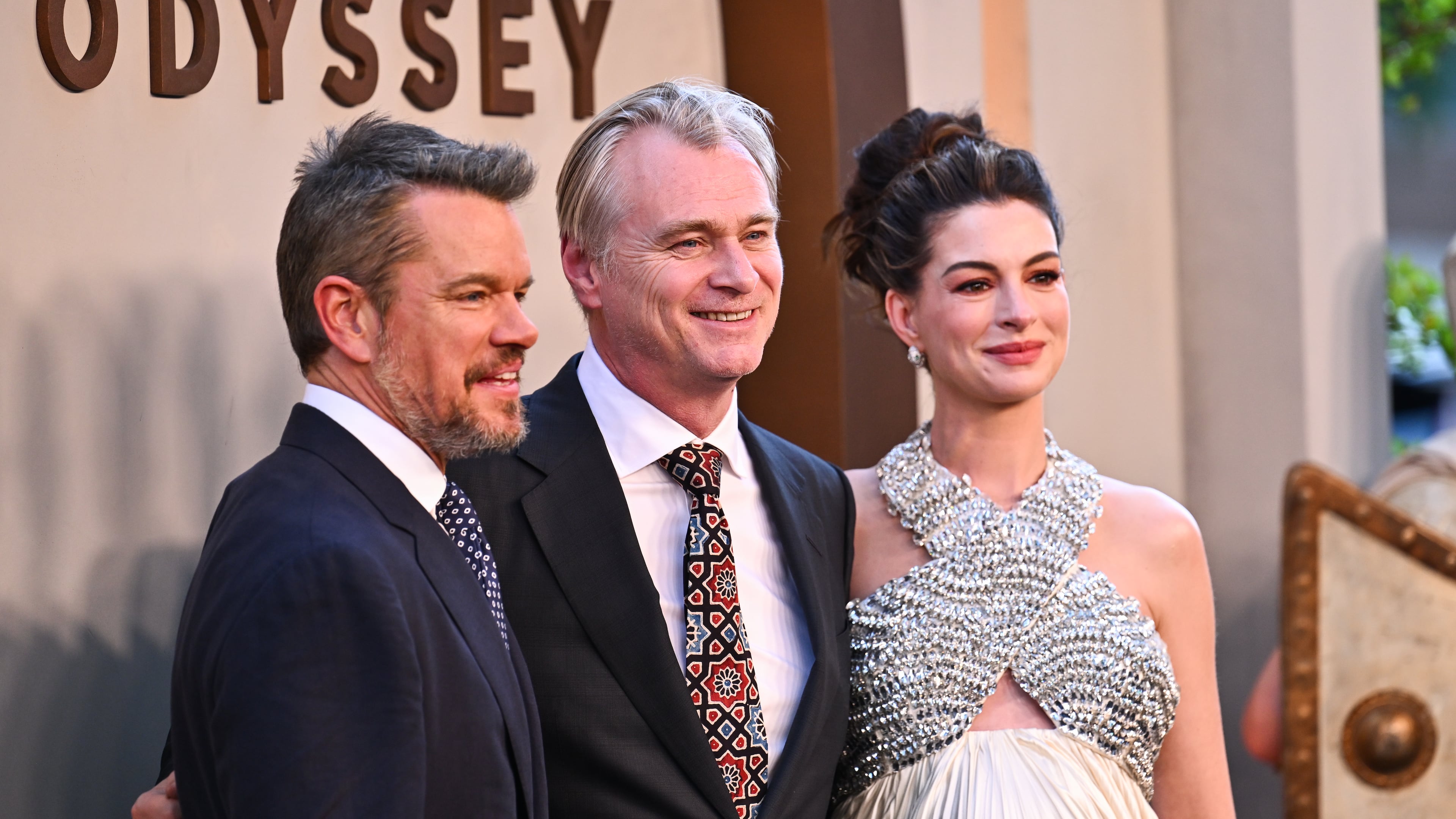 Matt Damon, from left, director Christopher Nolan, and Anne Hathaway attend the premiere of "The Odyssey" at AMC Lincoln Square on Tuesday, July 14, 2026, in New York. (Photo by Evan Agostini/Invision/AP)