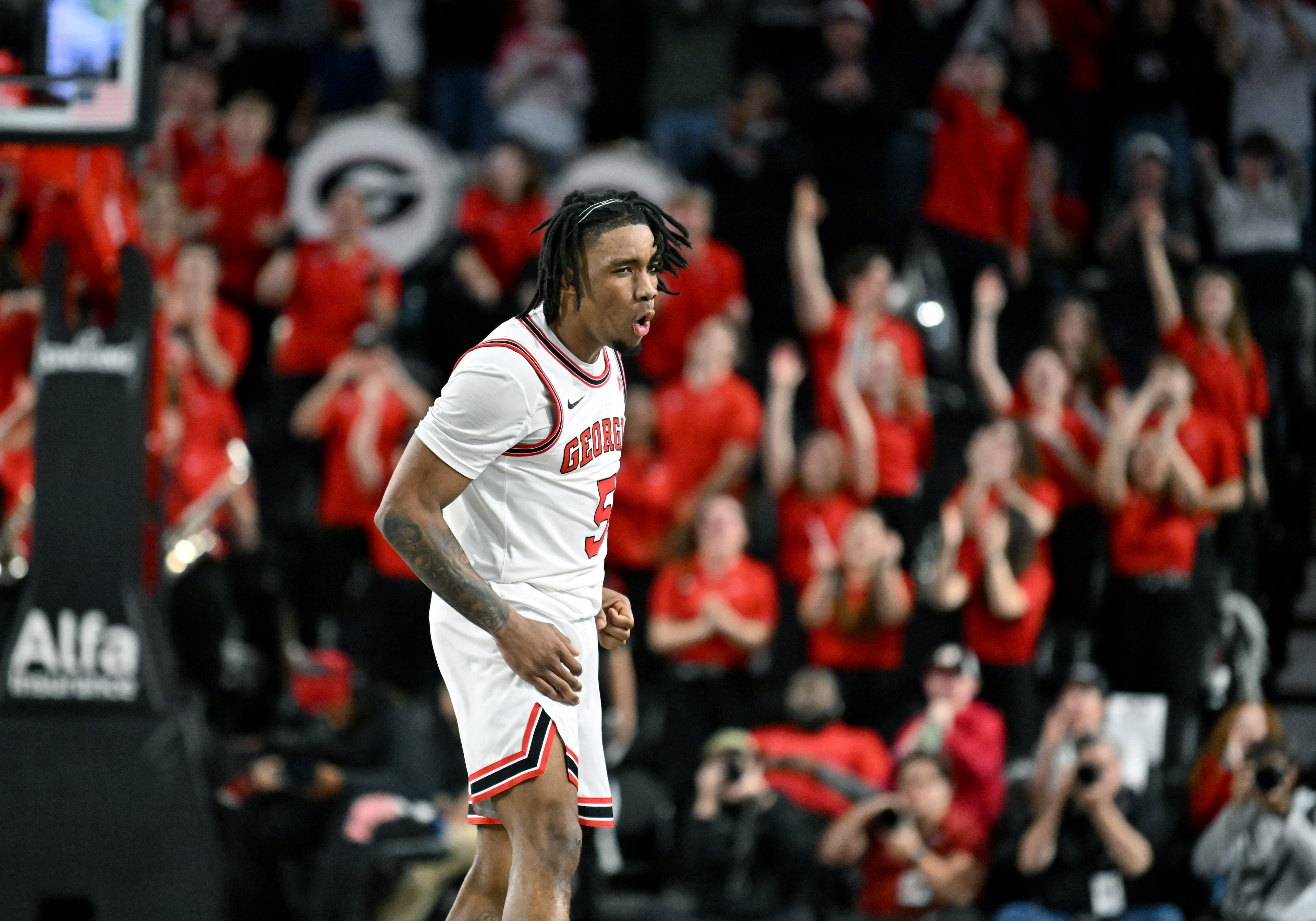 Georgia guard Jeremiah Wilkinson reacts after scoring during the second half in an NCAA college basketball game at Stegeman Coliseum, Saturday, Jan. 17, 2026, in Athens. Georgia won 90-76 over Arkansas. (Hyosub Shin/AJC)