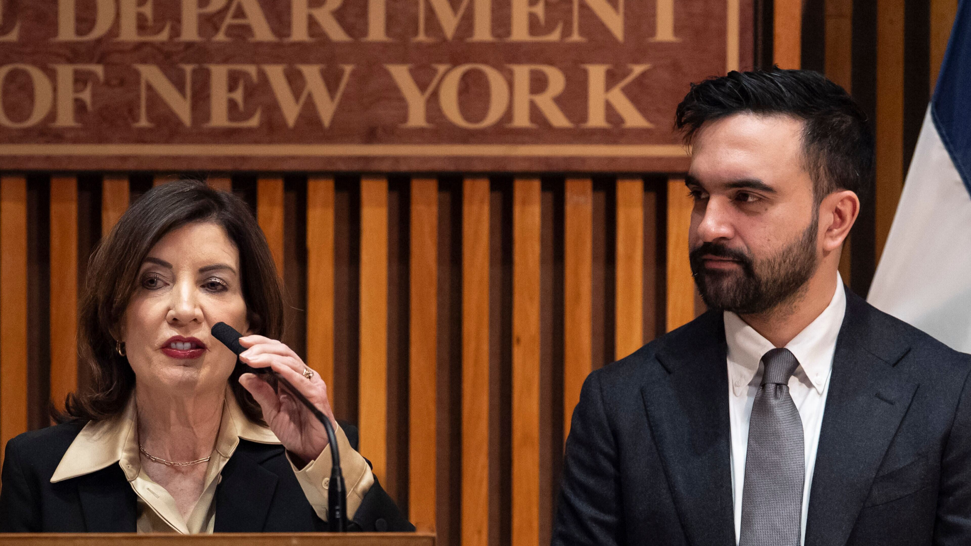 FILE - New York Governor Kathy Hochul speaks during a press conference with New York Mayor Zohran Mamdani and NYPD Commissioner Jessica Tisch, Tuesday, Jan. 6, 2026, in New York. (AP Photo/Yuki Iwamura, File)