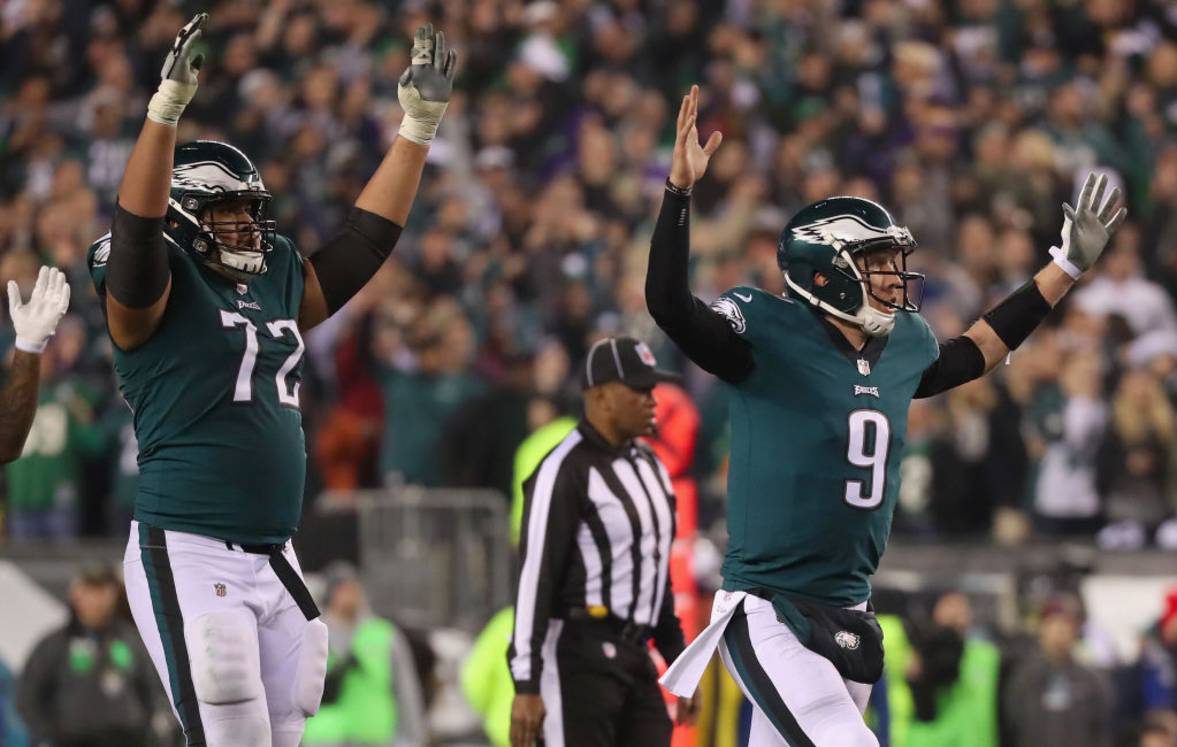 PHILADELPHIA, PA - JANUARY 21: Nick Foles #9 of the Philadelphia Eagles celebrates a first quarter touchdown against the Minnesota Vikings in the NFC Championship game at Lincoln Financial Field on January 21, 2018 in Philadelphia, Pennsylvania. (Photo by Abbie Parr/Getty Images)