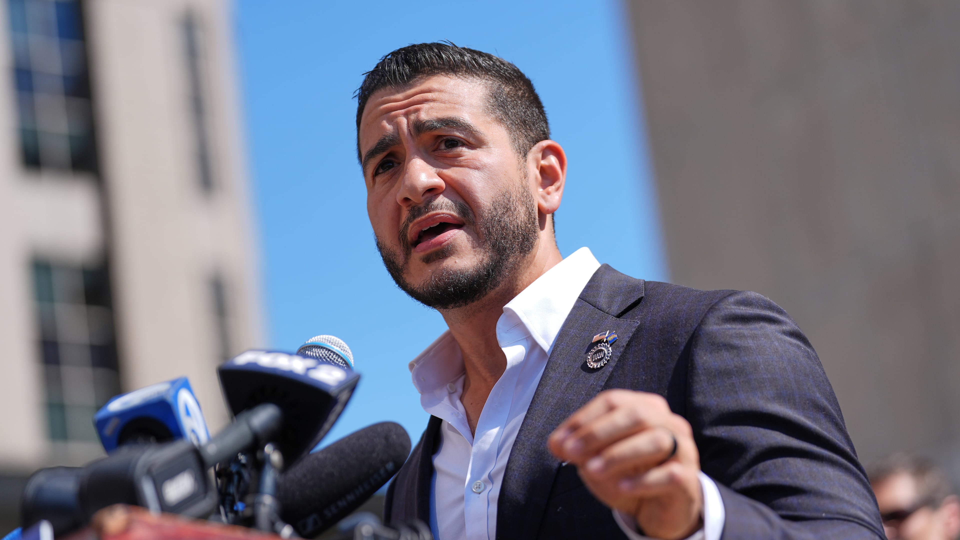 Abdul El-Sayed speaks during a news conference at the Spirit of Detroit shortly after winning the Democratic nomination for U.S. Senate in Michigan, Wednesday, Aug. 5, 2026, in Detroit. (AP Photo/Julia Demaree Nikhinson)
