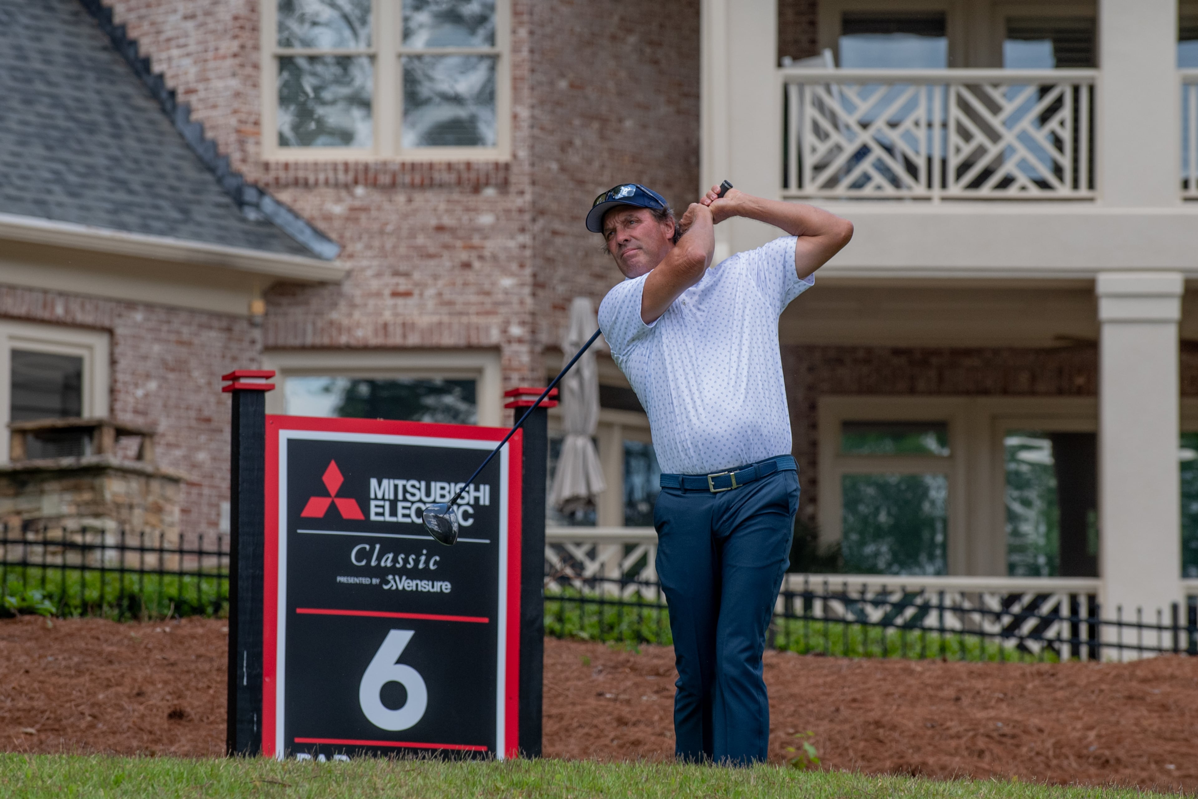 Stephen Ames tees off at the Mitsubishi Electric Classic, April 26, 2026, at TPC Sugarloaf. Ames finished second. Photo David King,