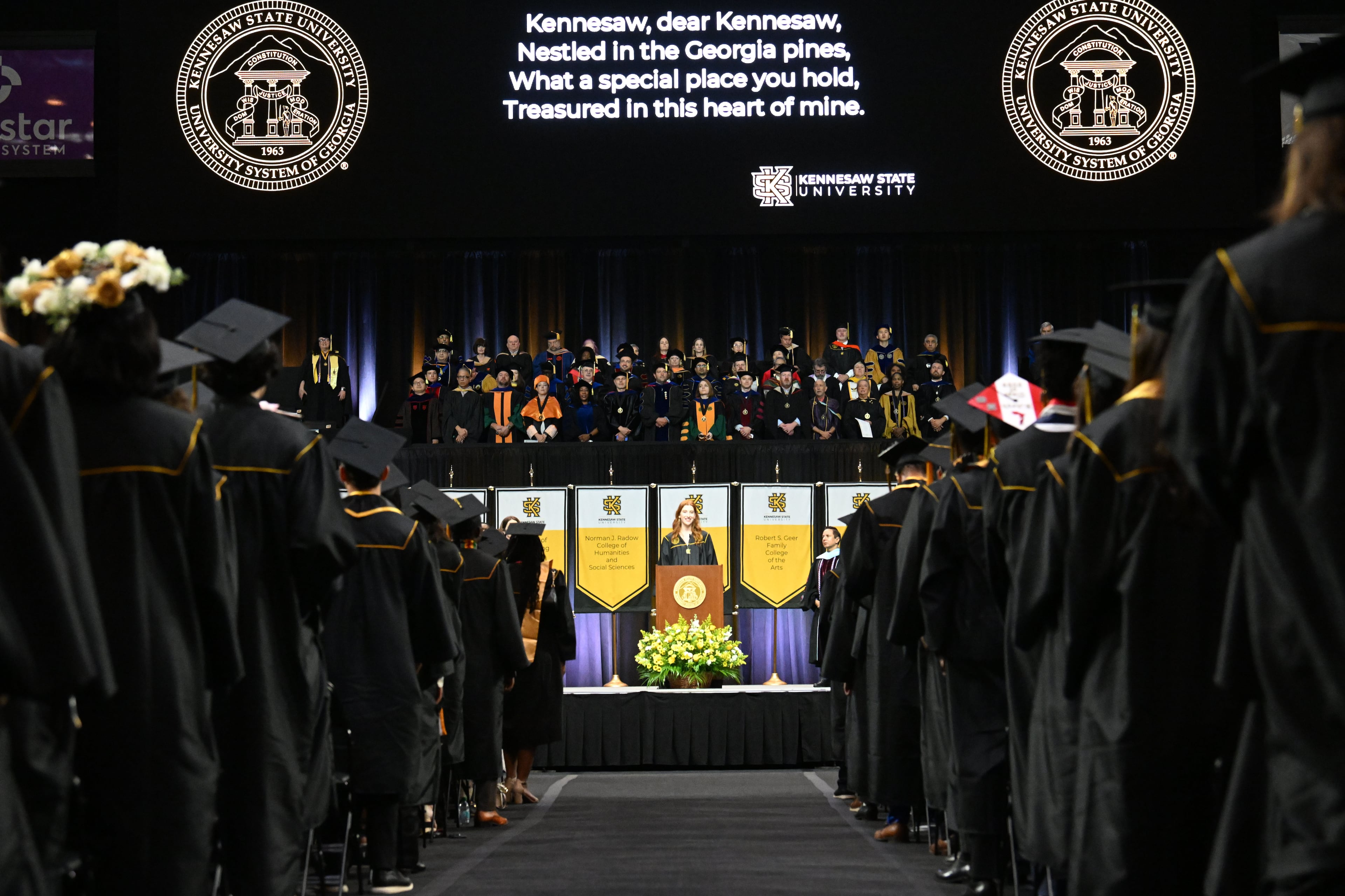Soloist Marissa Alban performs during KSU's spring commencement. (Hyosub Shin/AJC)