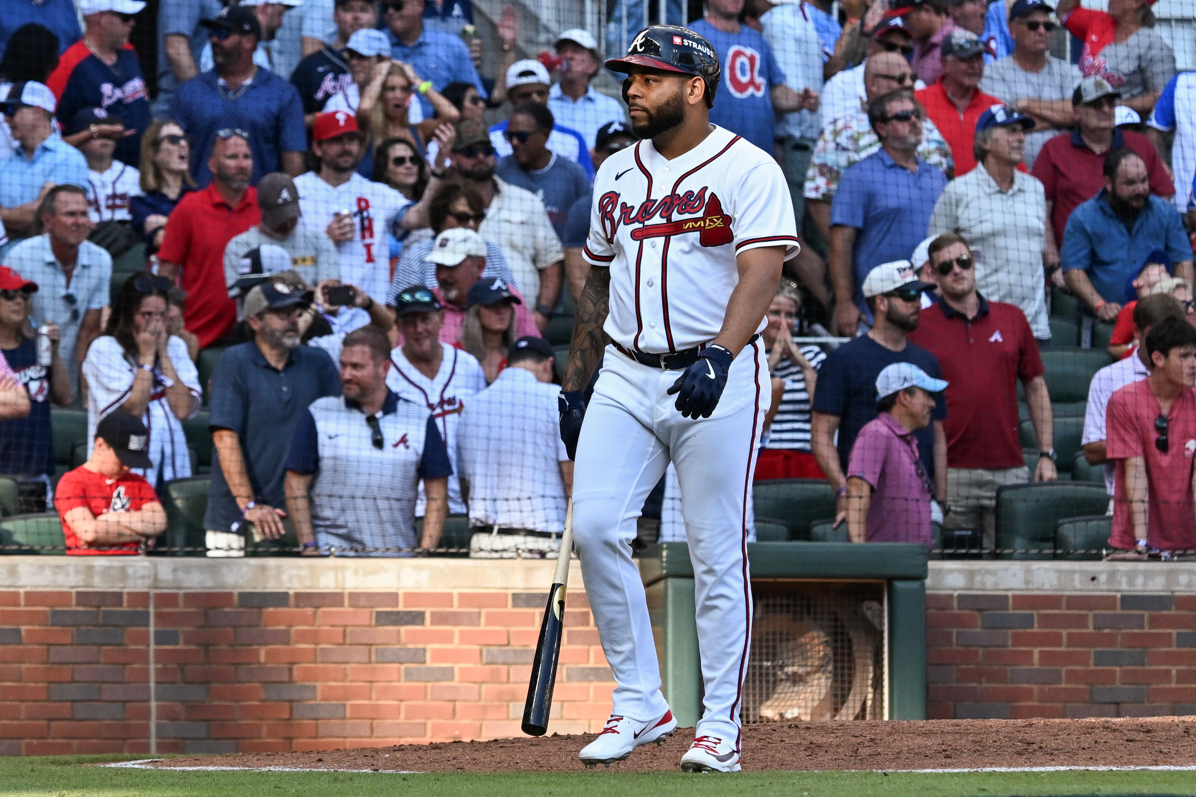 Braves designated hitter Dominic Smith reacts after striking out on an ABS challenge for the final out during the 10th inning of Game 2 in their NL Wild Card Series against the Phillies on Wednesday, Sept. 30, 2026, in Atlanta. (Hyosub Shin/AJC)