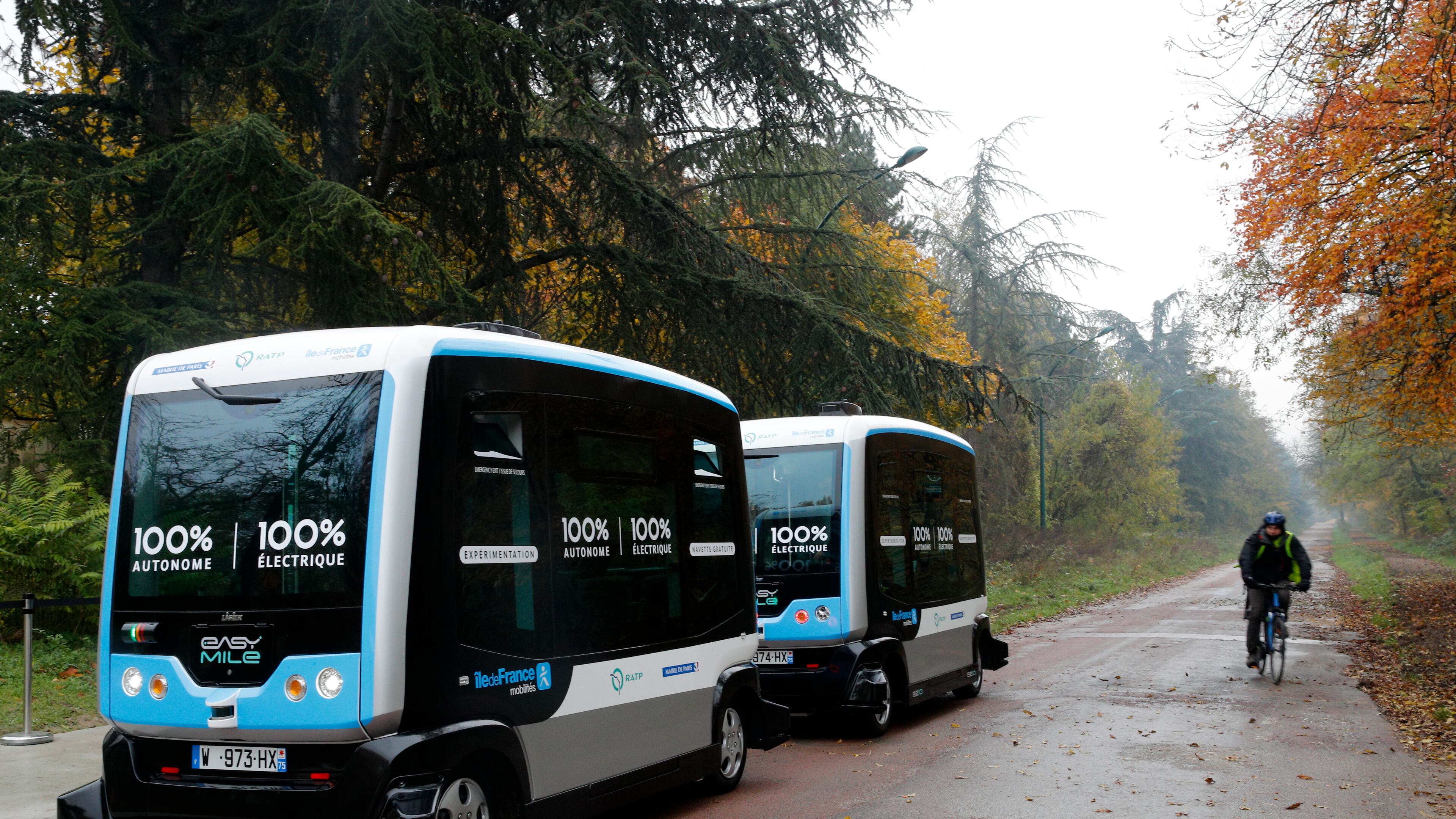 An electric driverless shuttle produced by EasyMile drives, as part of an experiment, in Paris on Friday. The fully electric autonomous vehicle is made by French company EasyMile, one of multiple French driverless car projects. AP/Christophe Ena