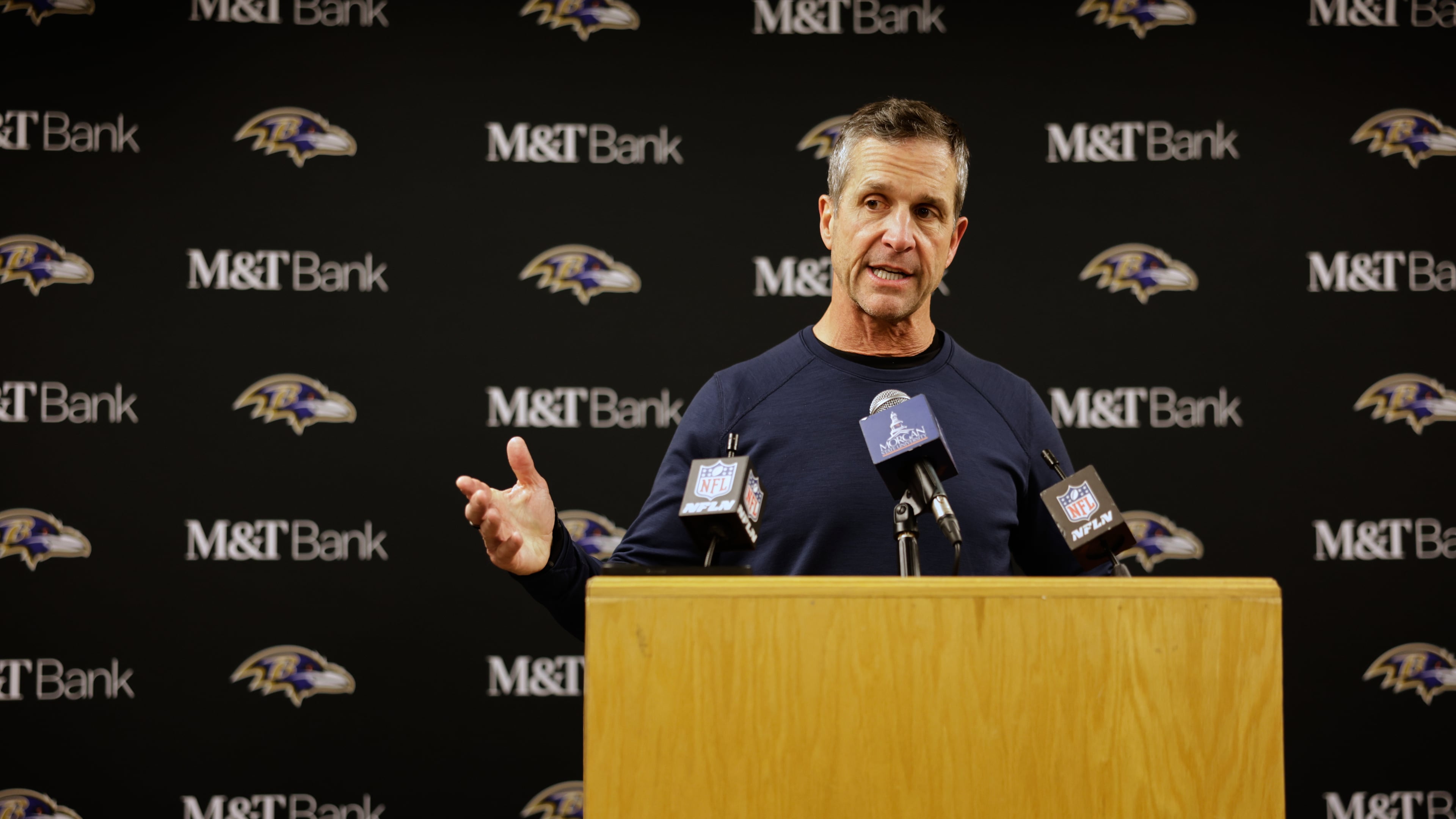 Baltimore Ravens head coach John Harbaugh speaks during a press conference after an NFL football game against the Green Bay Packers, Saturday, Dec. 27, 2025, in Green Bay, Wis. (AP Photo/Matt Ludtke)