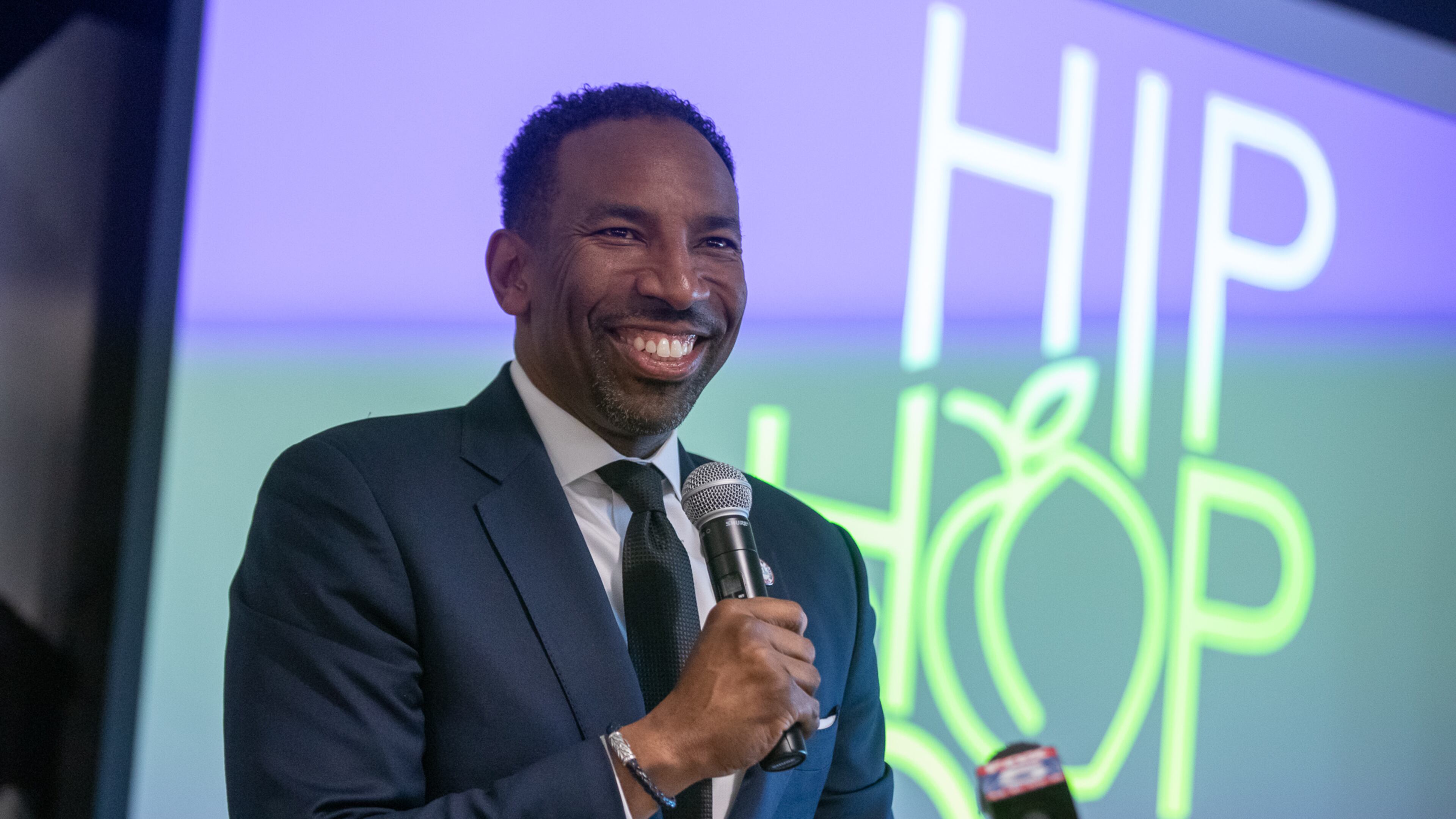 Atlanta Mayor Andre Dickens speaks at an event on Dec. 7, 2023 celebrating 50 years of hip hop in Atlanta.