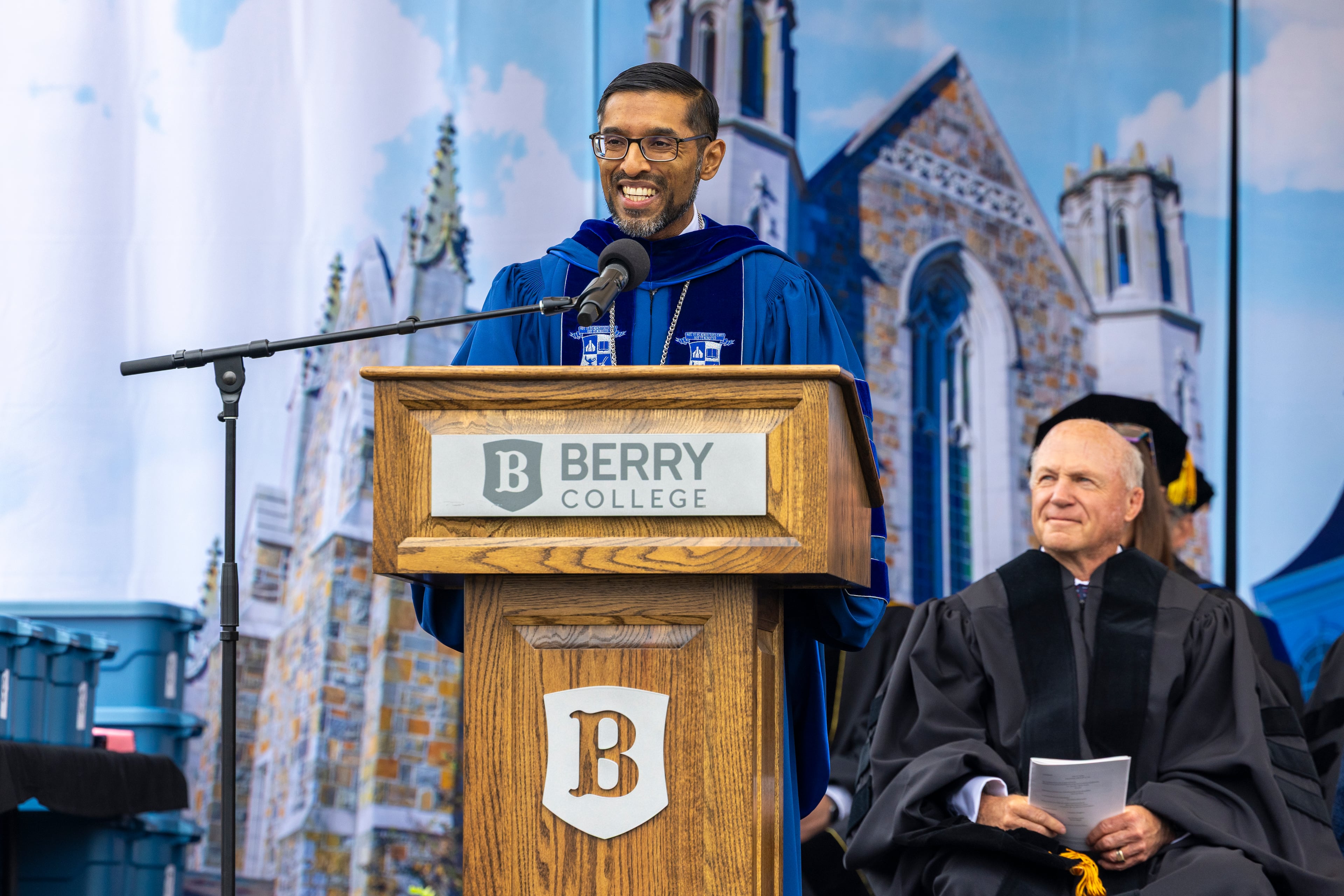 Berry College President Sandeep Mazumder addresses the graduates during his first graduation ceremony as college president on Saturday, May 9, 2026. (Jeff Brown/Berry College)