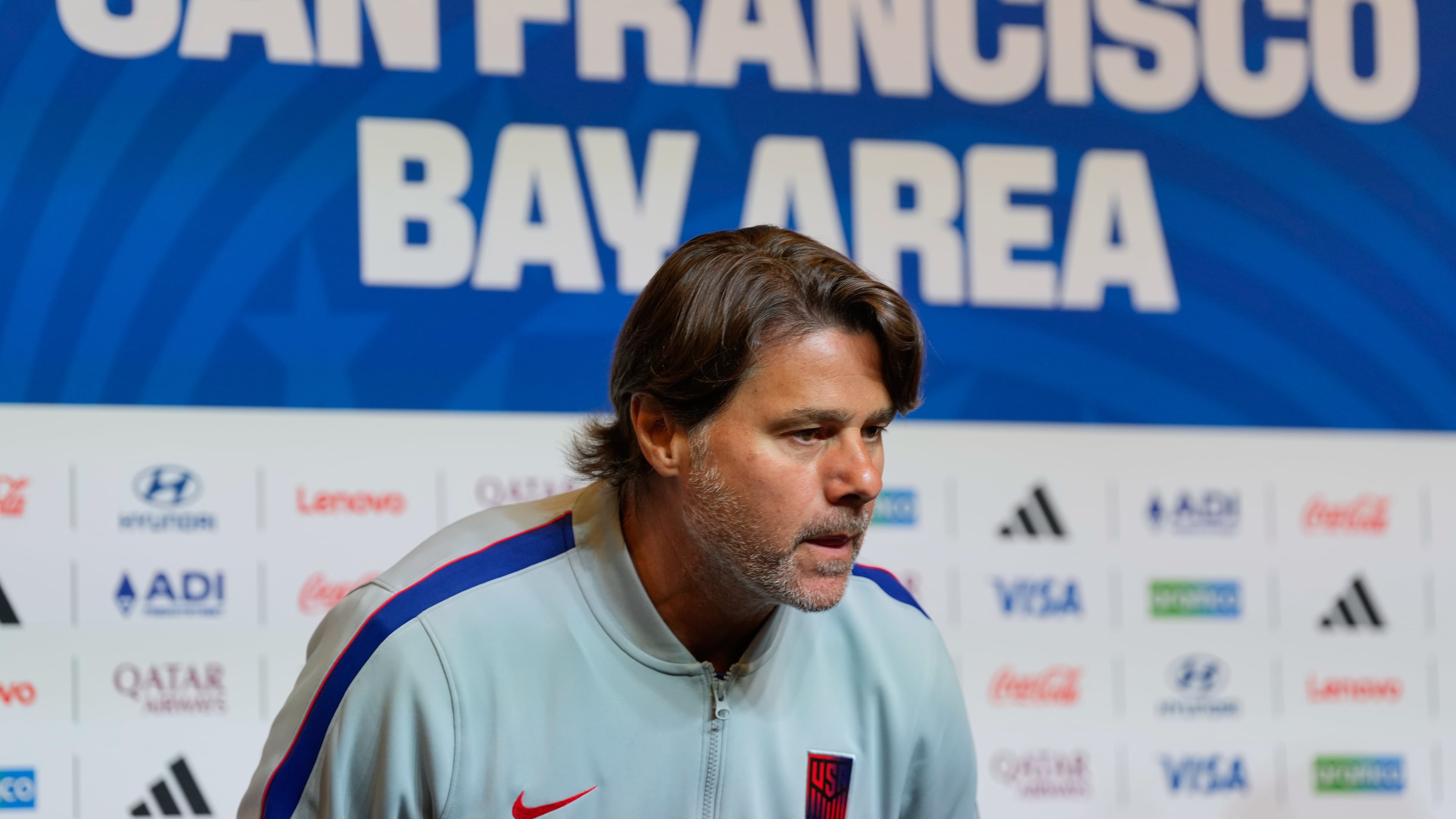 United States head coach Mauricio Pochettino attends a news conference ahead of the World Cup Round of 32 soccer match against Bosnia and Herzegovina, Tuesday, June 30, 2026, in Santa Clara, Calif. (AP Photo/Eugene Hoshiko)