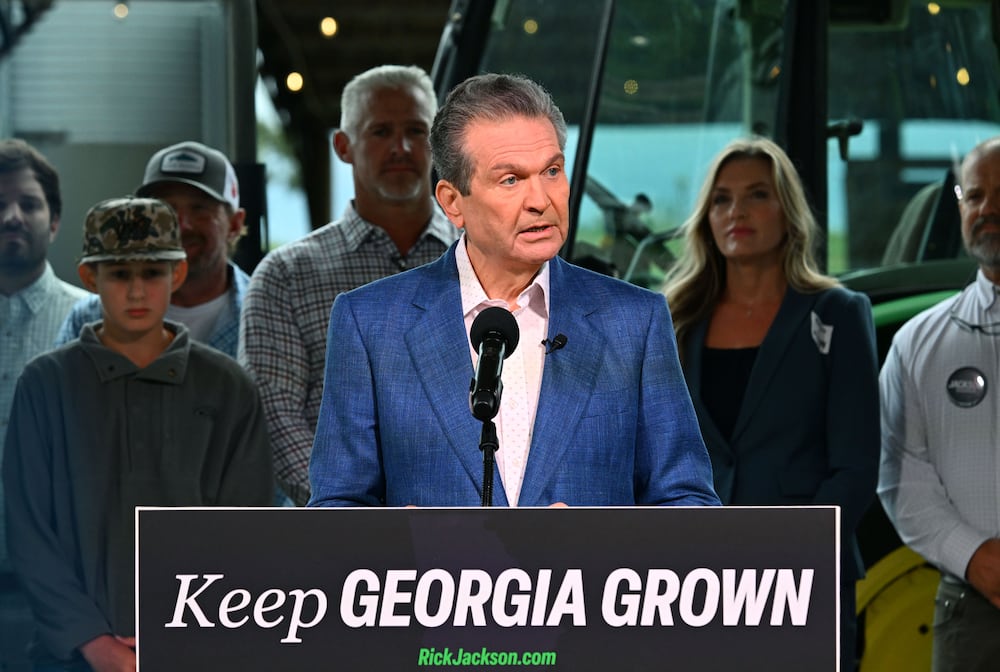 Georgia Republican nominee for governor Rick Jackson speaks to reporters during an event announcing his plan to support Georgia farmers at Cagles Family Farm on Thursday in Canton. (Hyosub Shin/AJC)