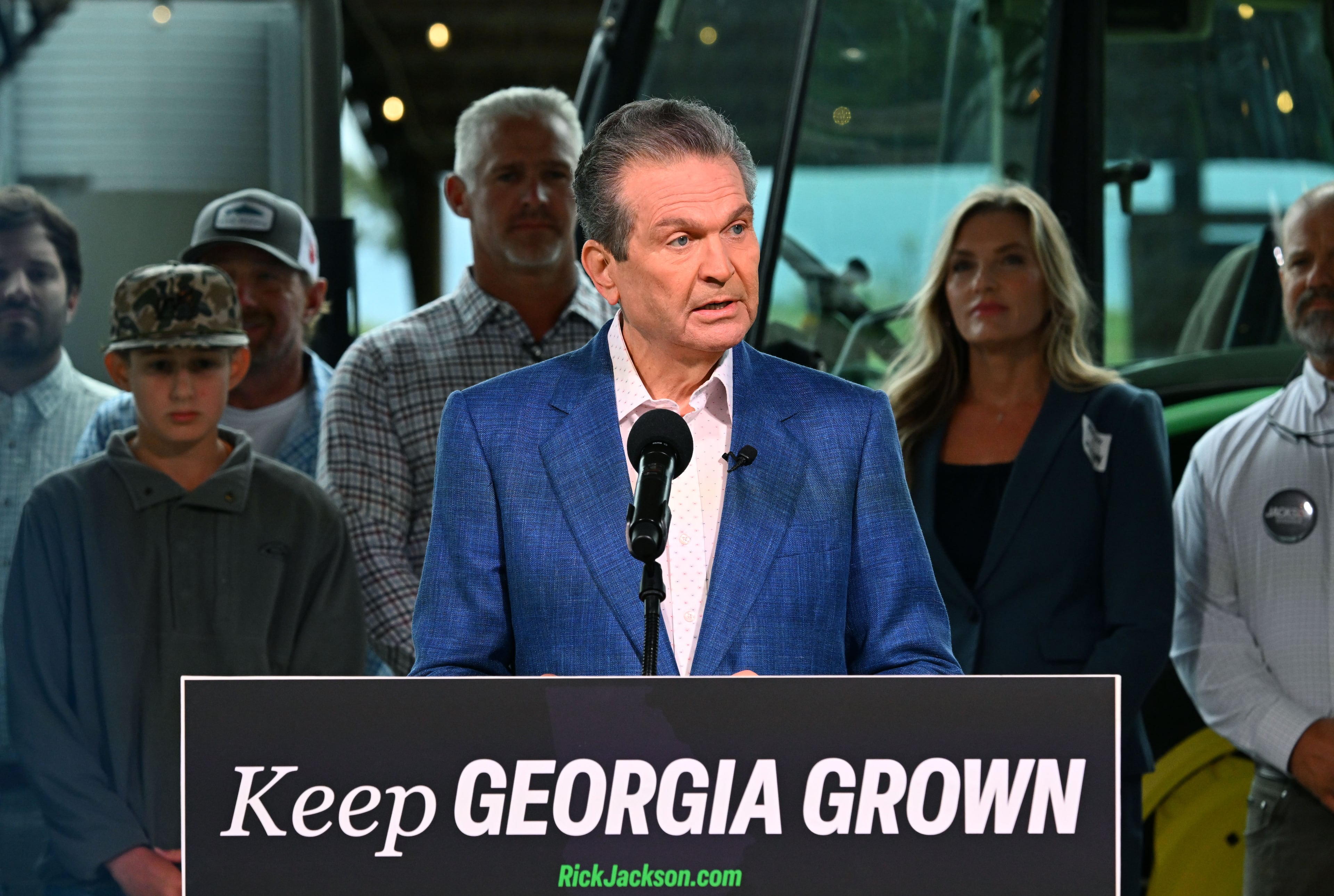 Georgia Republican nominee for governor Rick Jackson speaks to reporters during an event announcing his plan to support Georgia farmers at Cagle’s Family Farm on Thursday in Canton. (Hyosub Shin/AJC)