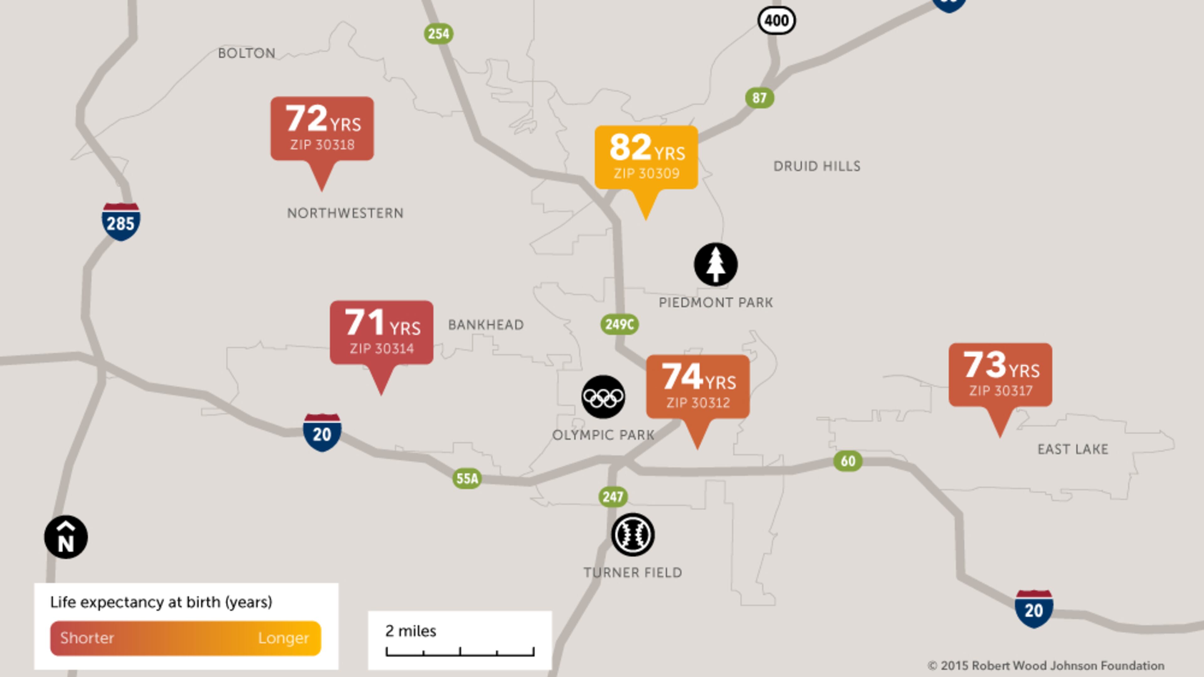 This map of varying life expectancy in metro Atlanta was prepared by the Virginia Commonwealth University’s Center on Society and Health.