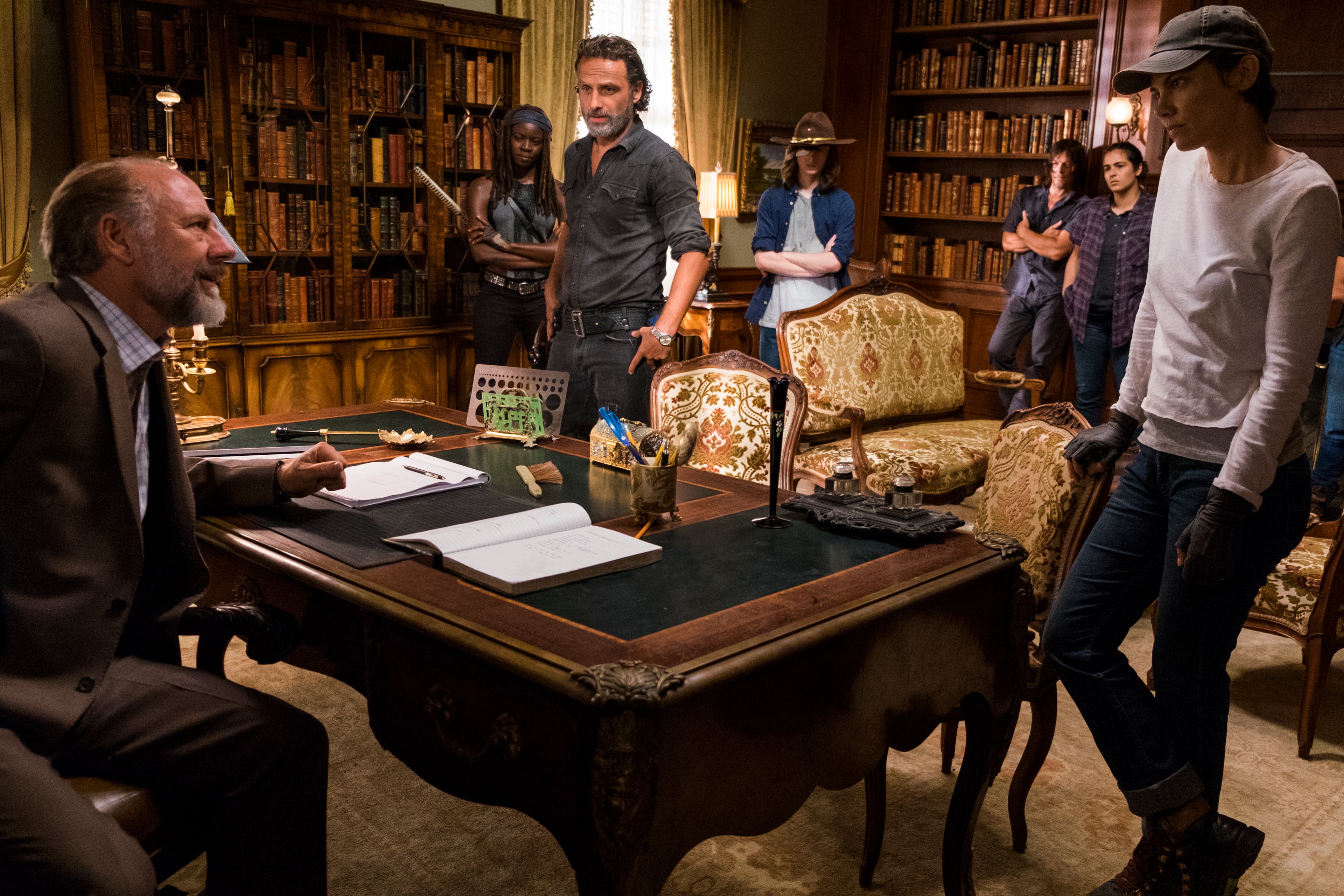 Xander Berkeley as Gregory, Danai Gurira as Michonne, Andrew Lincoln as Rick Grimes, Chandler Riggs as Carl Grimes, Norman Reedus as Daryl Dixon, Alanna Masterson as Tara Chambler, Lauren Cohan as Maggie Greene, Sonequa Martin-Green as Sasha Williams - The Walking Dead _ Season 7, Episode 9 - Photo Credit: Gene Page/AMC