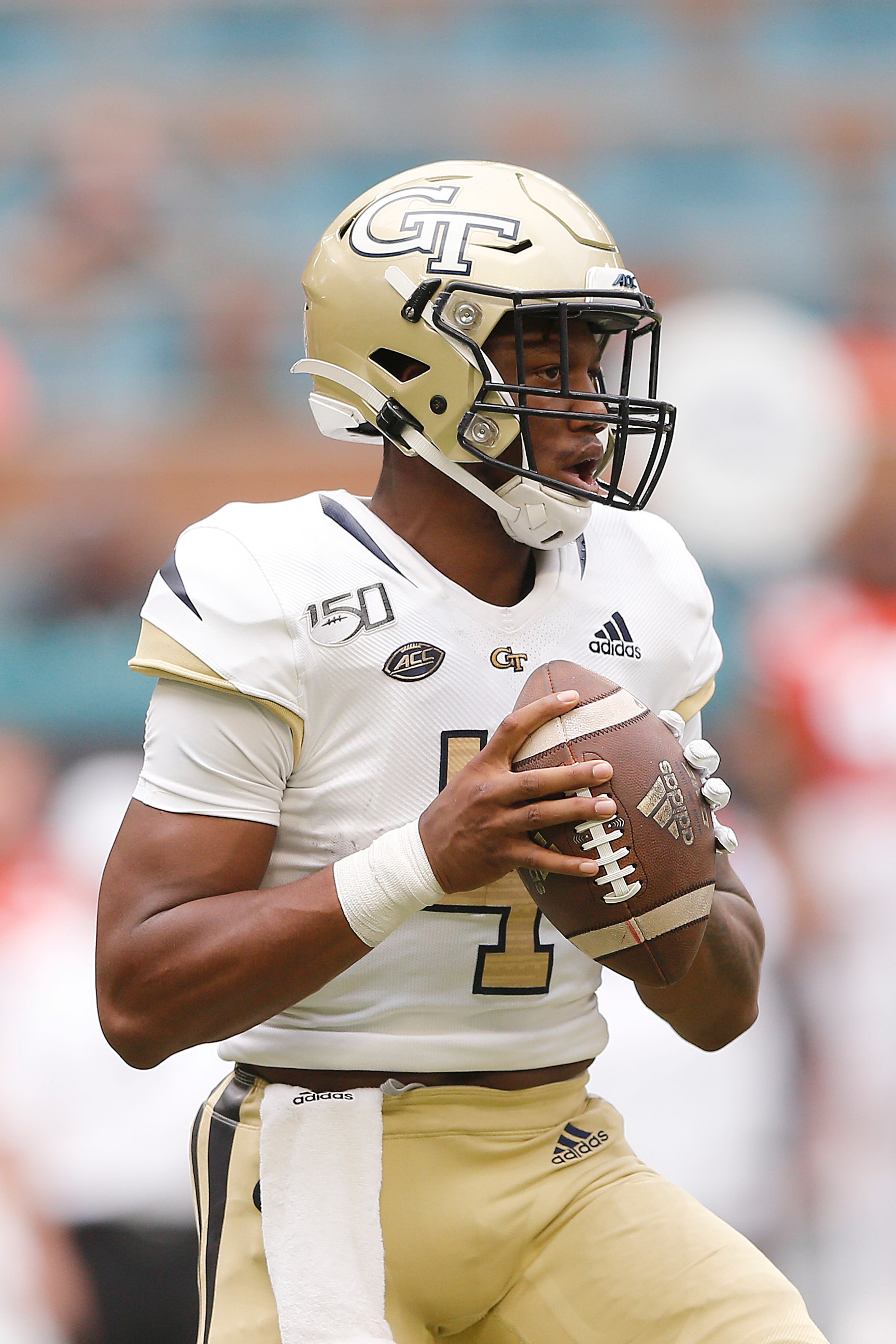 James Graham #4 of the Georgia Tech Yellow Jackets looks to pass against the Miami Hurricanes during the first half at Hard Rock Stadium on October 19, 2019 in Miami, Florida. (Photo by Michael Reaves/Getty Images)