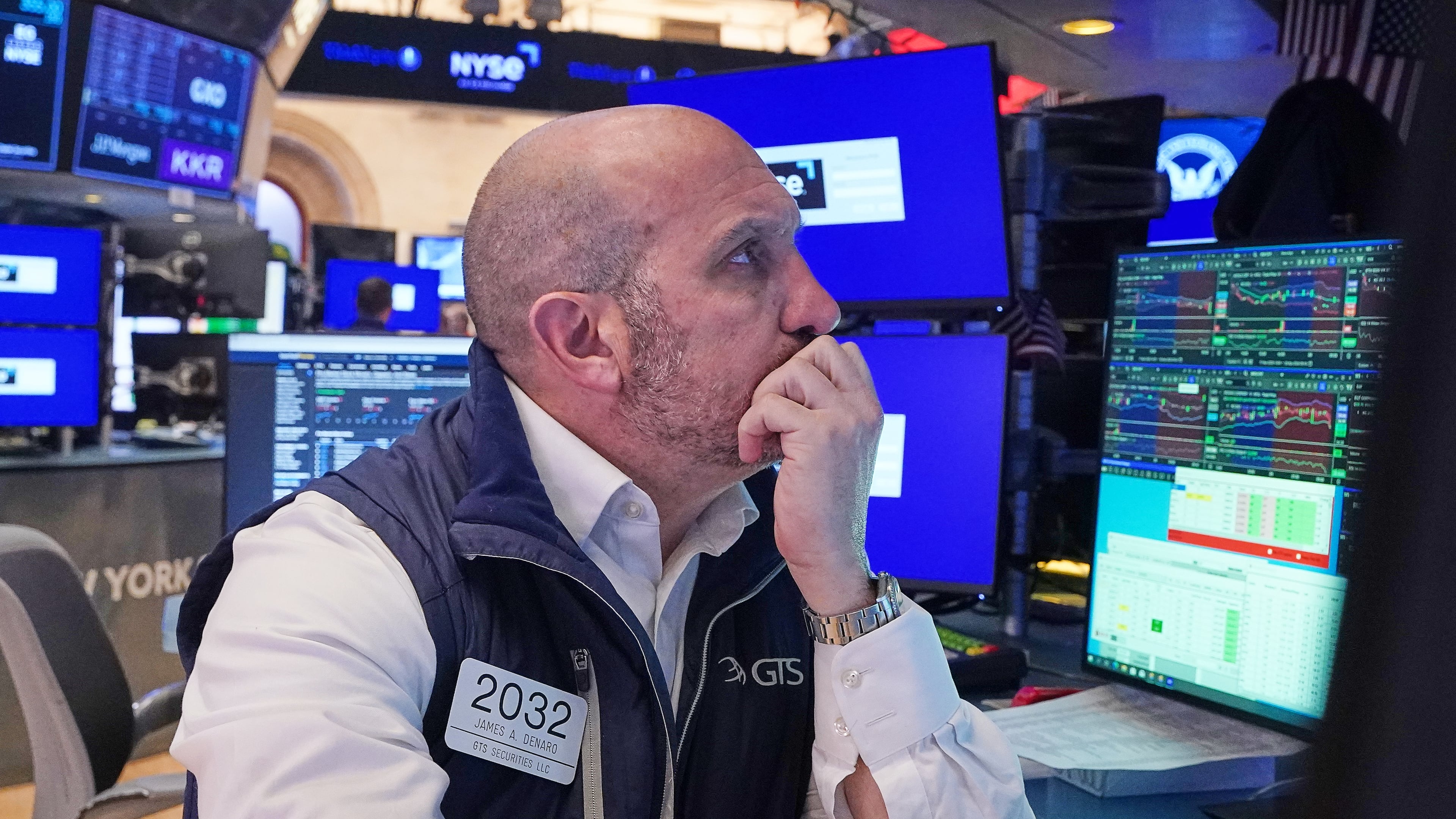 Specialist James Denaro works at his post on the floor of the New York Stock Exchange, Monday, April 20, 2026. (AP Photo/Richard Drew)