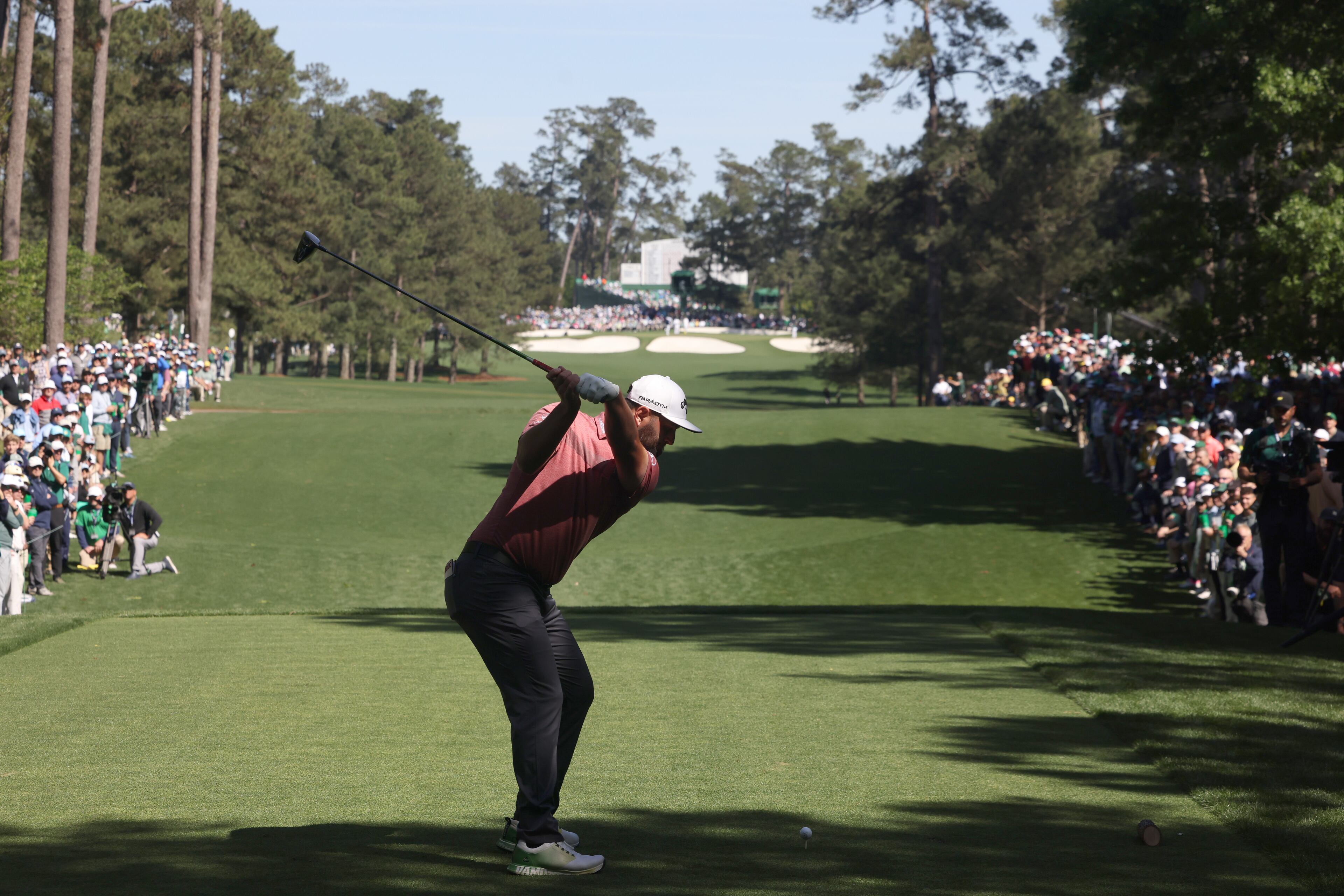 Jon Rahm tees off on seventh hole during final round of the 2023 Masters Tournament at Augusta National Golf Club, Sunday, April 9, 2023, in Augusta, Ga. (Jason Getz / Jason.Getz@ajc.com)