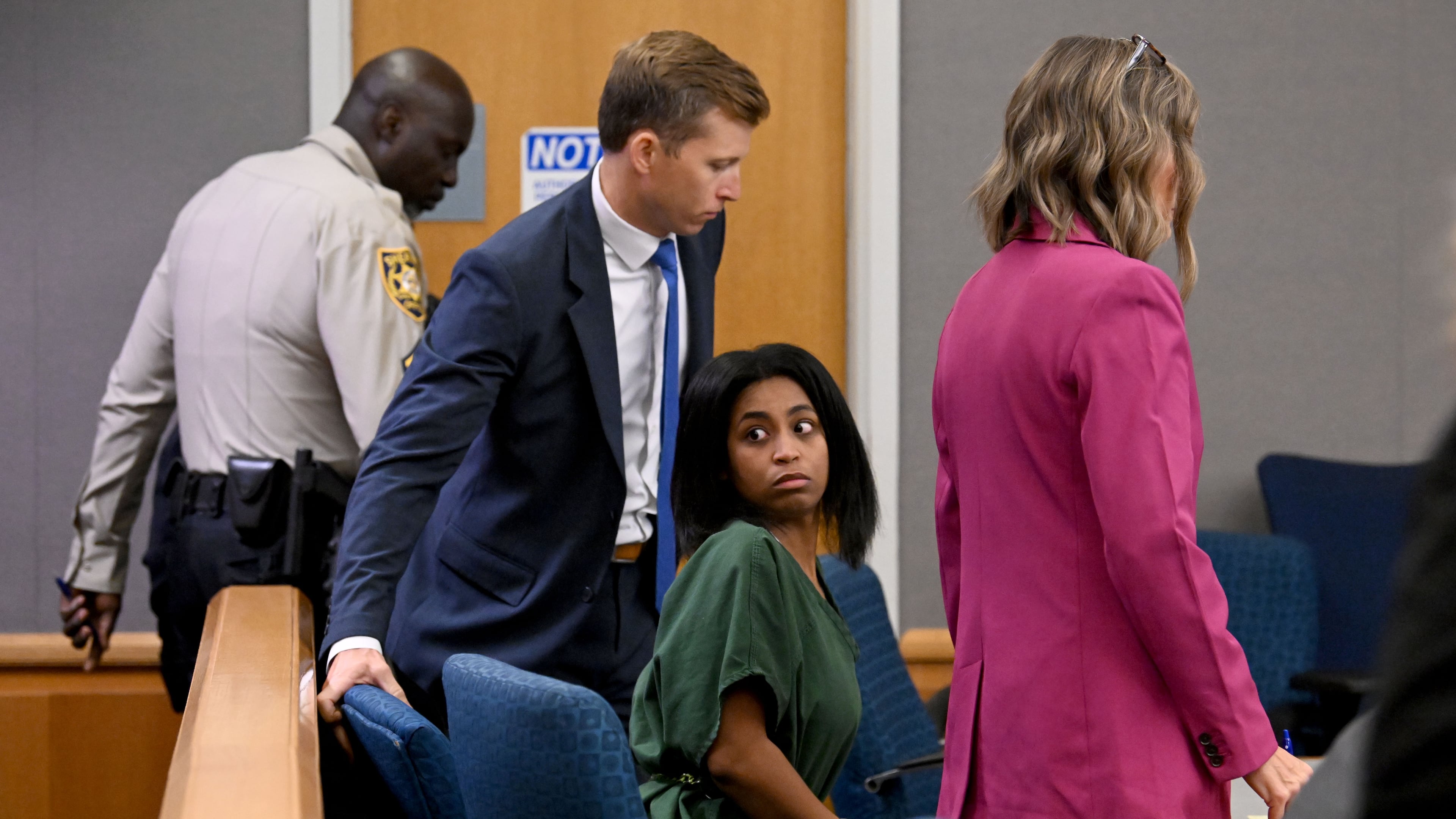 Deja Coleman, who is charged in the death of her 1-year-old son after officials say he was left in a hot car, sits in the courtroom during a bond hearing before a Gwinnett County Superior Court judge on Wednesday, Sept. 9, 2026. Coleman, who is charged with second-degree murder and second-degree cruelty to children, was granted bond. (Hyosub Shin/AJC)