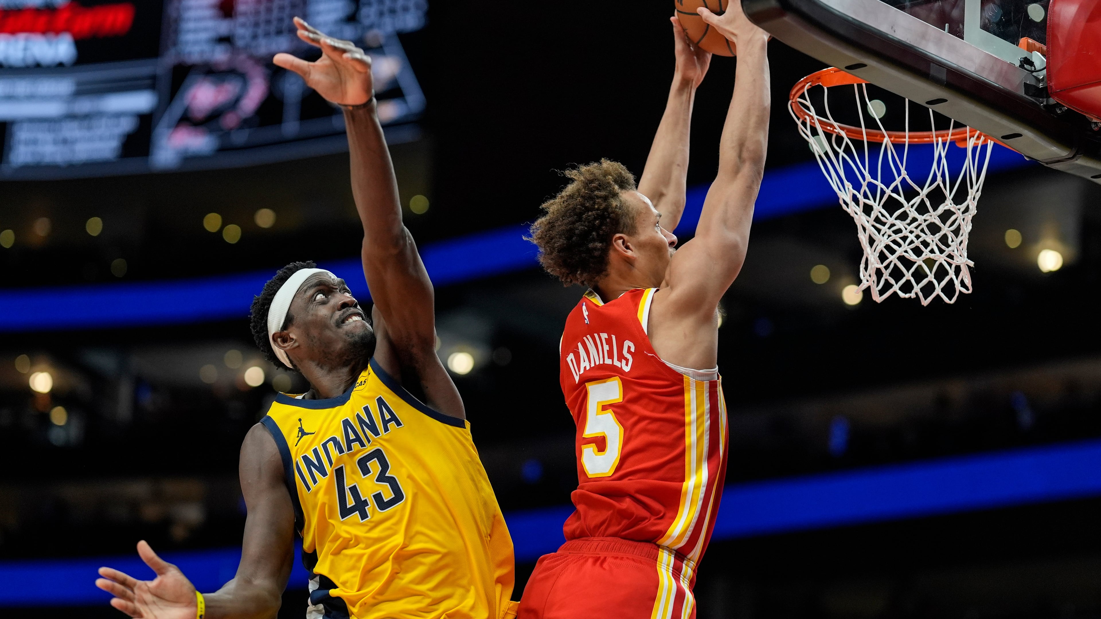 Atlanta Hawks guard Dyson Daniels (5) shoots agaimnst Indiana Pacers forward Pascal Siakam (43) during the second half of an NBA basketball game, Monday, Jan. 26, 2026, in Atlanta. (Mike Stewart/AP)