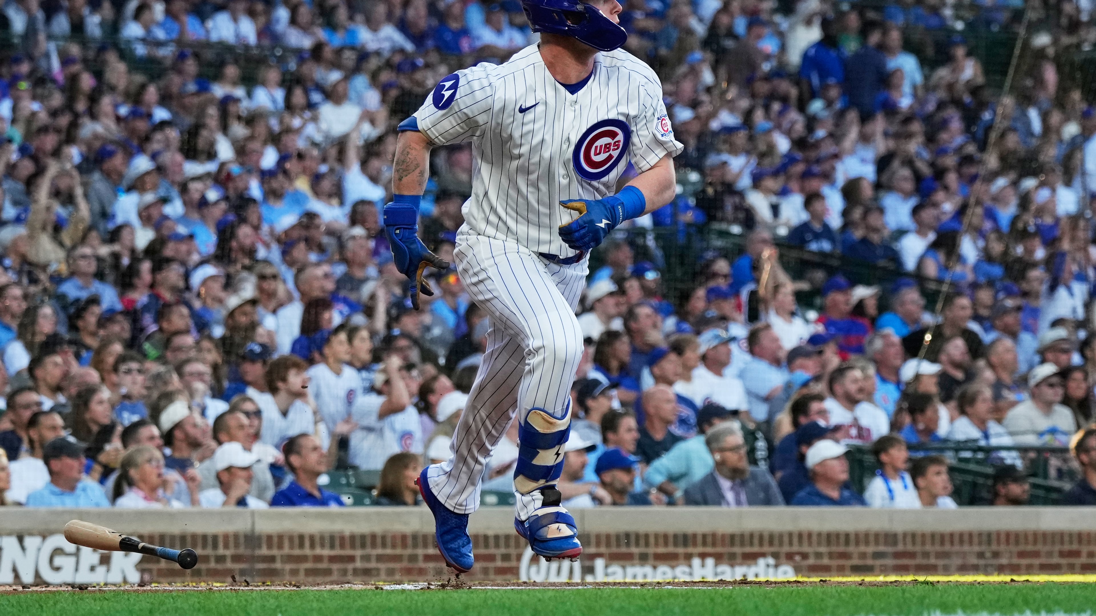 Chicago Cubs' Pete Crow-Armstrong watches his solo home run during the first inning of a baseball game against the Colorado Rockies in Chicago, Monday, June 15, 2026. (AP Photo/Nam Y. Huh)
