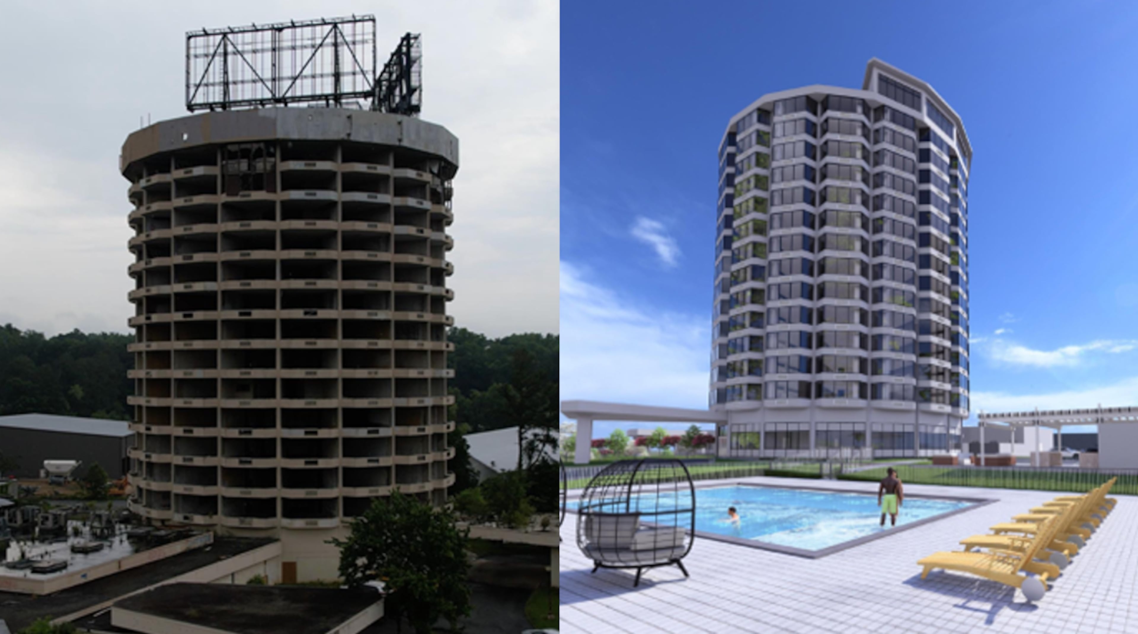 The left photo shows the abandoned former Presidential Hotel tower in DeKalb County. The right shows a rendering of its planned residential conversion. (Courtesy of DeKalb County)