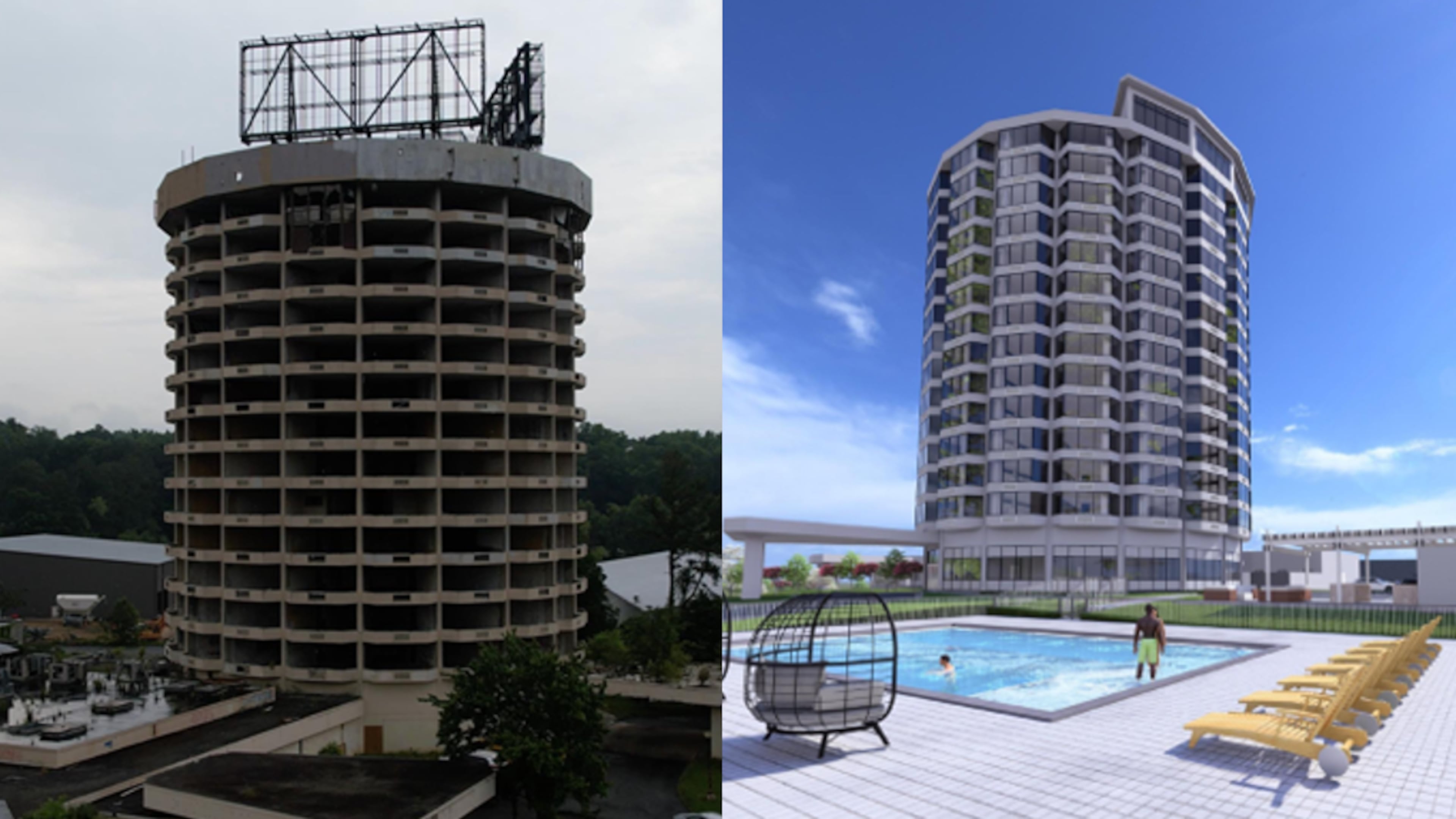 The left photo shows the abandoned former Presidential Hotel tower in DeKalb County. The right is a rendering of its planned residential conversion. (Courtesy of DeKalb County)
