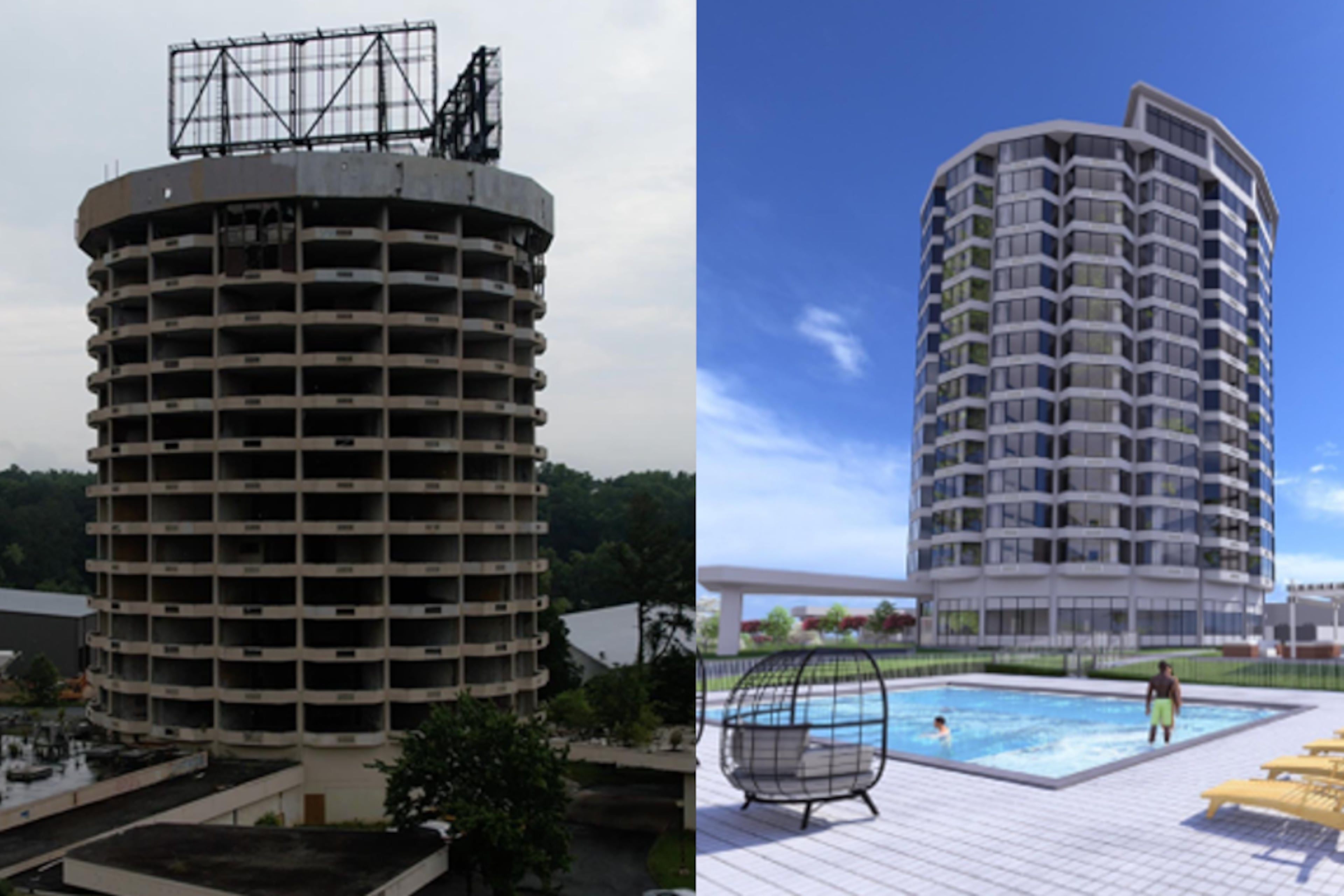 The left photo shows the abandoned former Presidential Hotel tower in DeKalb County. The right is a rendering of its planned residential conversion. (Courtesy of DeKalb County)