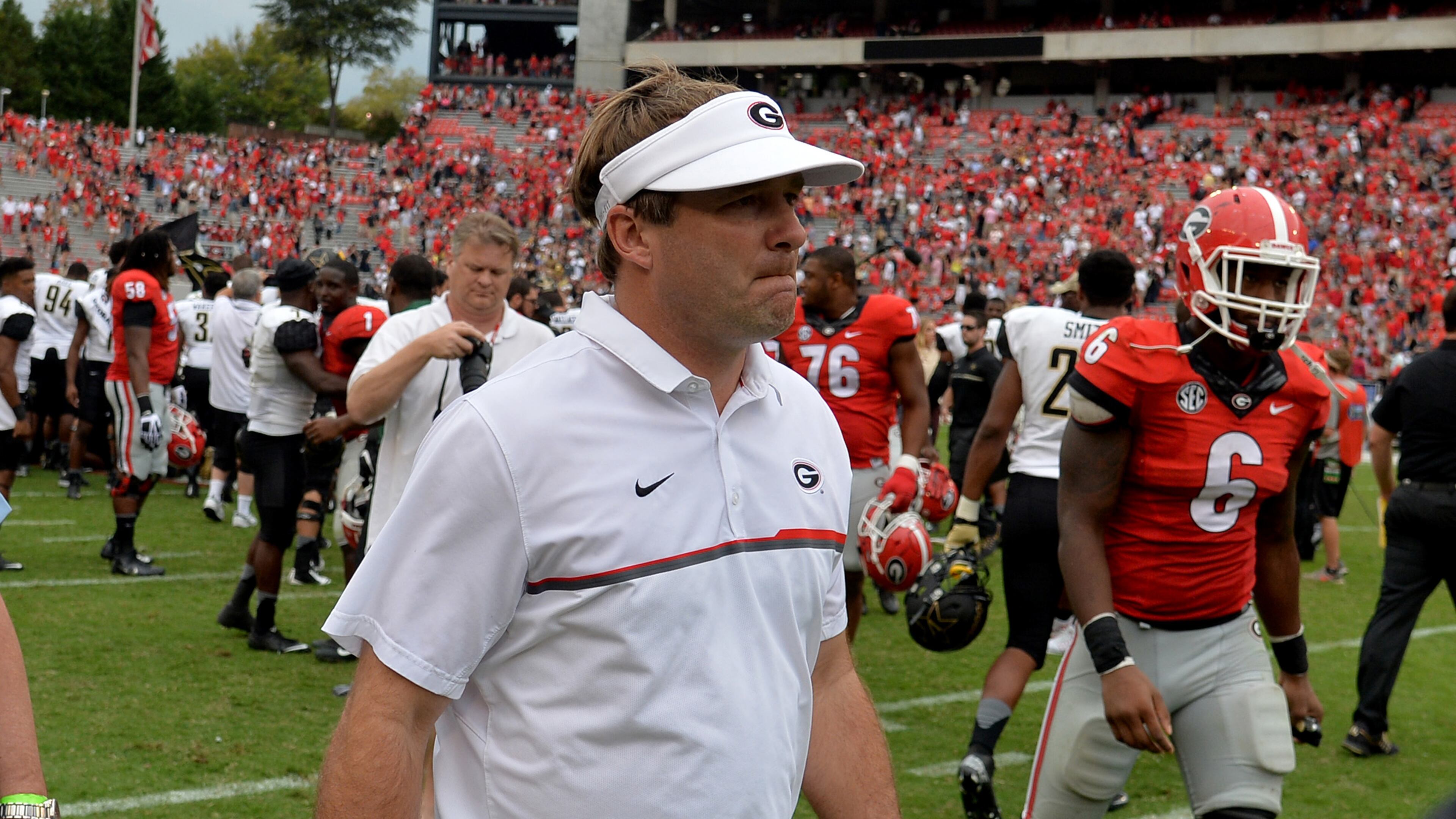 Georgia Bulldogs oach Kirby Smart walks off the field after falling to the Vanderbilt Commodores at Sanford Stadium on Saturday, Oct. 15, 2016. BRANT SANDERLIN/BSANDERLIN@AJC.COM