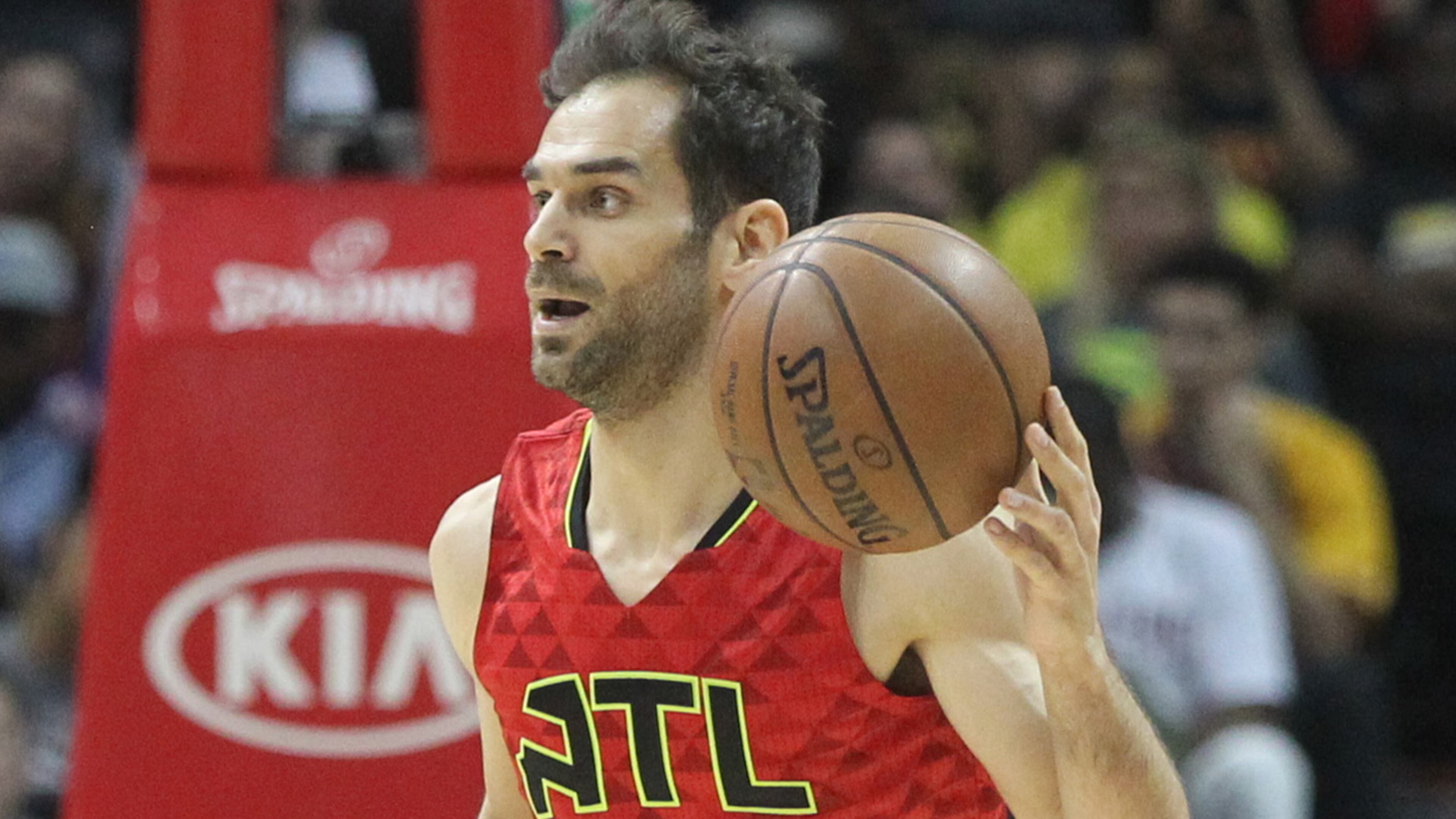 April 9, 2017, Atlanta, Georgia - Atlanta Hawks guard Jose Calderon (13) makes his way down the court in an NBA game between the Atlanta Hawks and Cleveland Cavaliers at Phillips Arena in Atlanta, Georgia, on April 9, 2017. The Hawks won in overtime 126-125 after coming back from being 26 points down in the fourth quarter. (HENRY TAYLOR / HENRY.TAYLOR@AJC.COM)