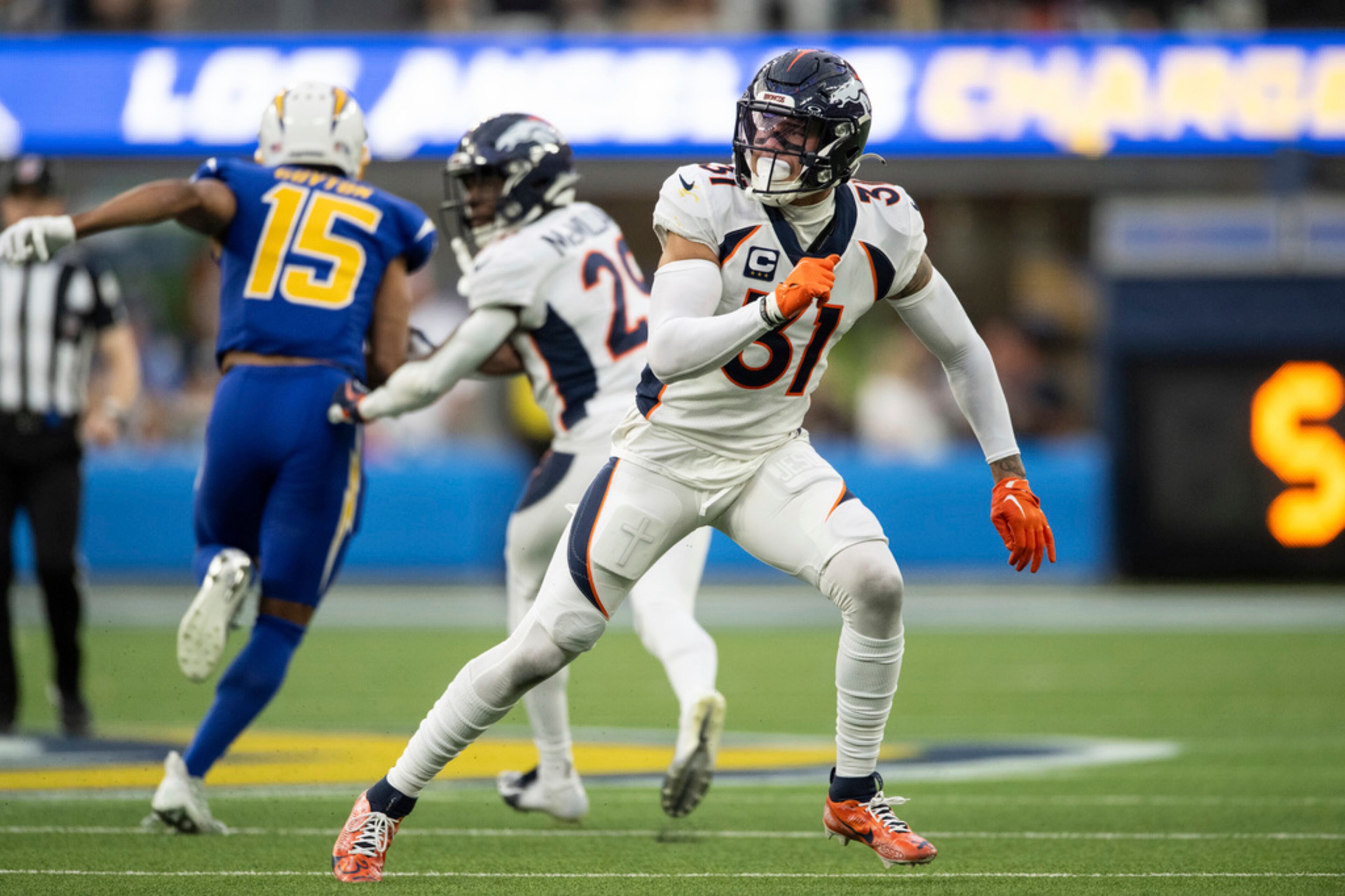Denver Broncos safety Justin Simmons (31) runs during an NFL football game against the Los Angeles Chargers, Sunday, Dec. 10, 2023, in Inglewood, Calif. (AP Photo/Kyusung Gong)