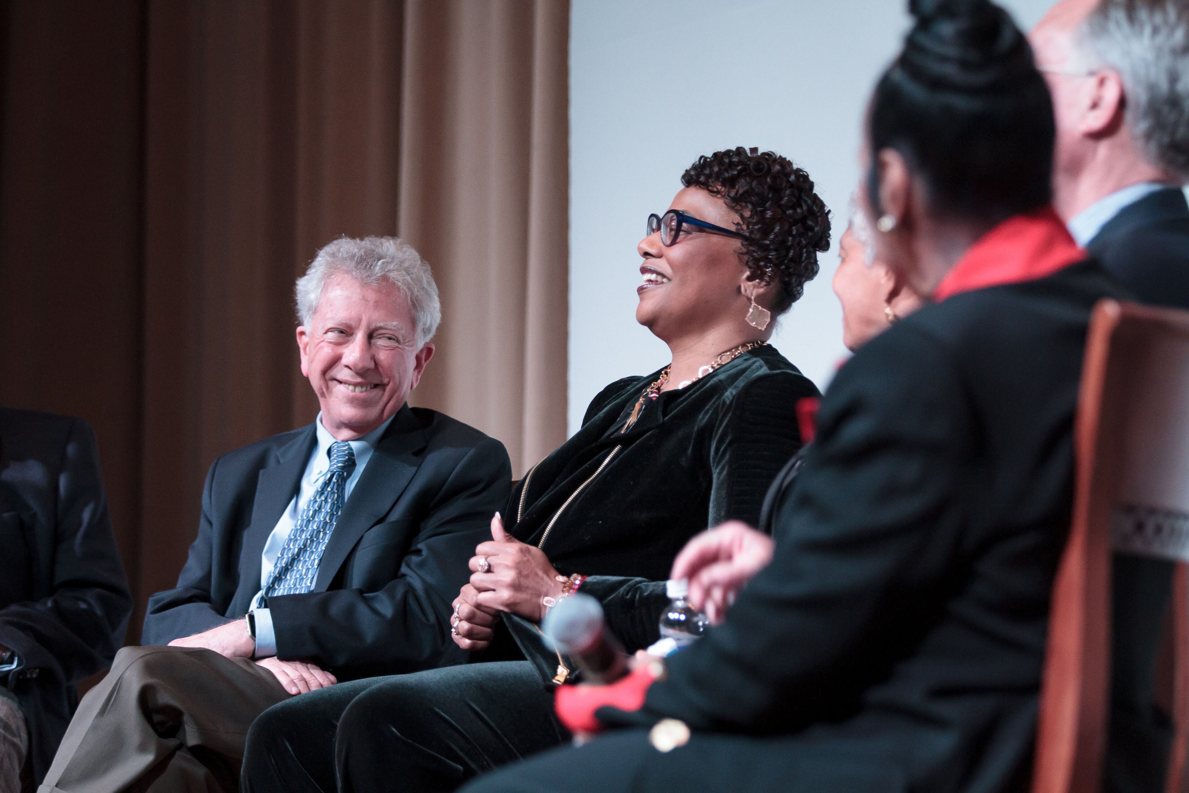 Bernice King , center, listens to stories about Martin Luther King during a panel discussion at the Atlanta History Center's McElreath Hall In Atlanta Ga Wednesday 21, 2018. At left is former AJC Managing Editor Hank Klibanoff. STEVE SCHAEFER / SPECIAL TO THE AJC