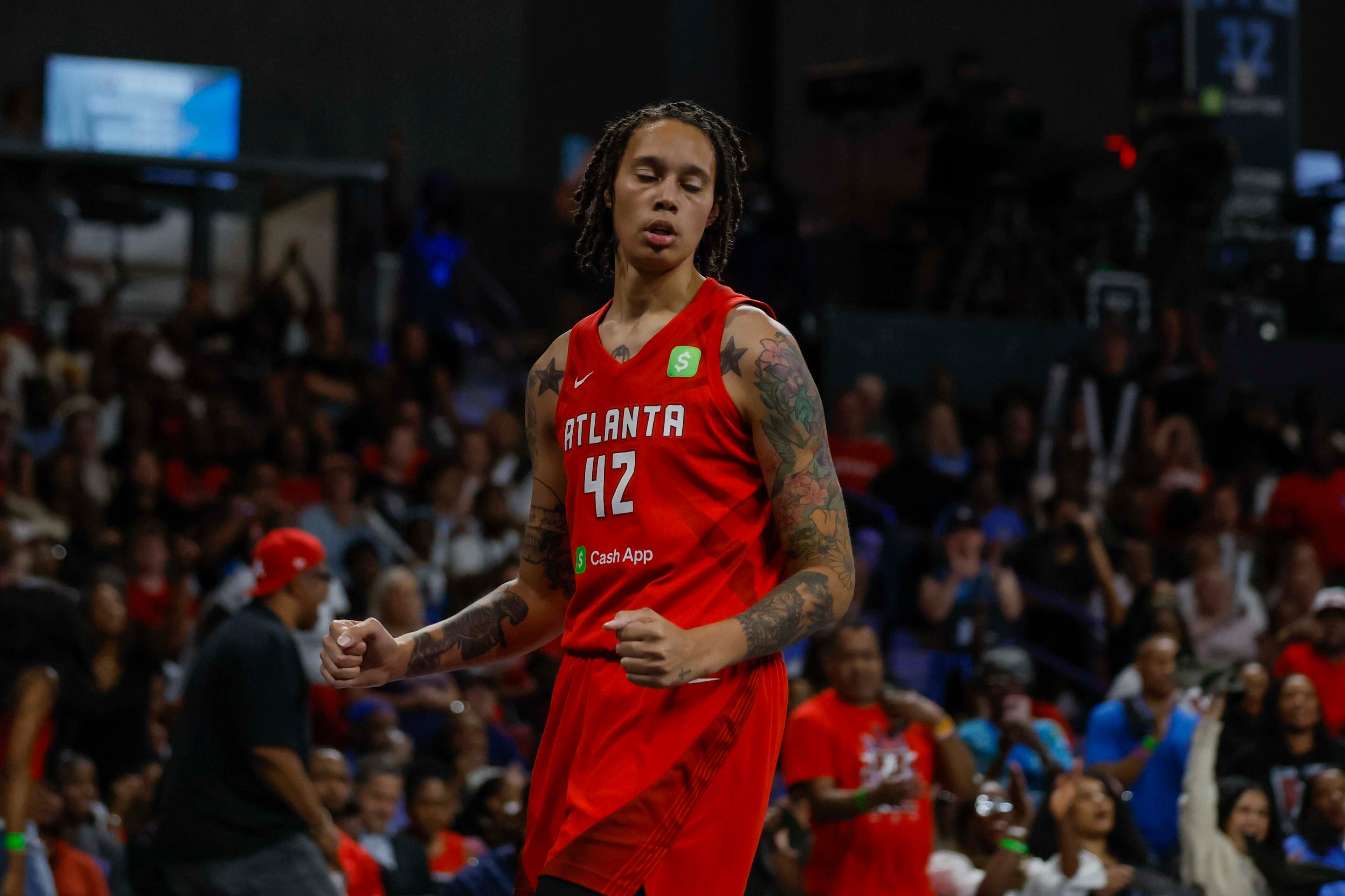 Atlanta Dream center Brittney Griner (42) reacts after a basket during the first half of a WNBA basketball first-round playoff game against the Indiana Fever at Gateway Center Arena on Thursday, Sept. 18, 2024, in Atlanta. (Miguel Martinez/ AJC)