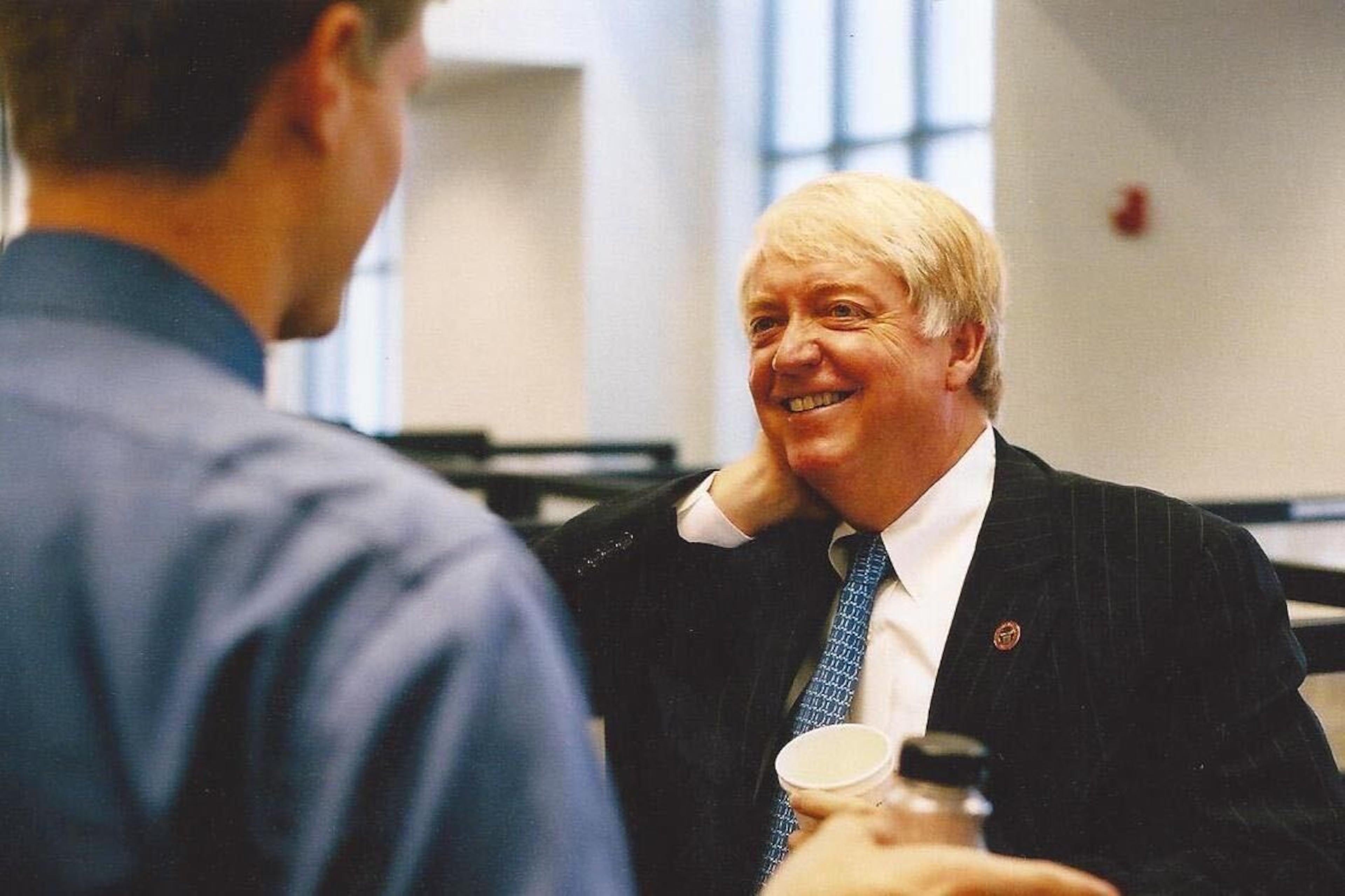 In 2003, University of Georgia President Michael Adams spoke with Greg Bluestein at the Athens headquarters of The Red & Black student newspaper. (Courtesy photo)